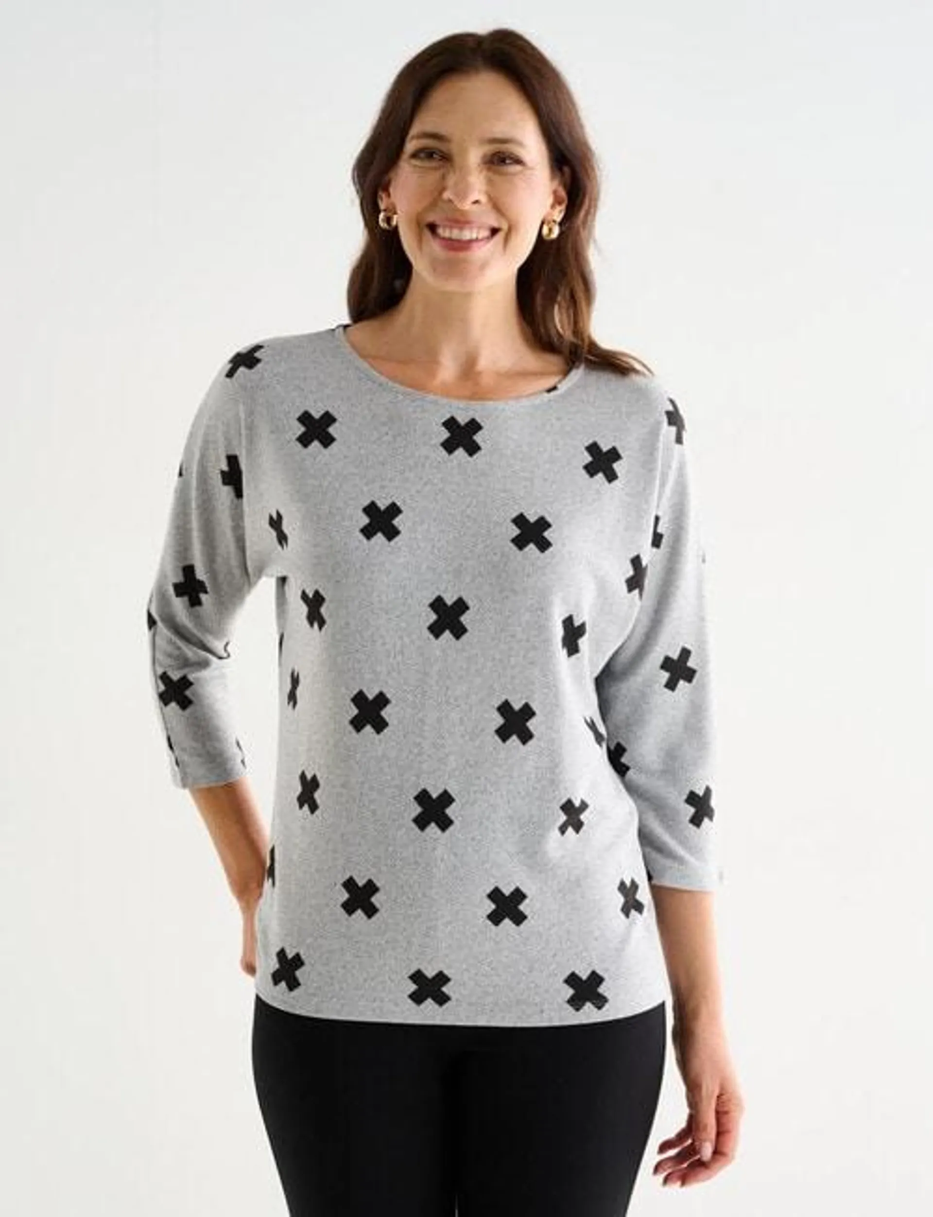 Ella J Soft Touch Batwing Top, Grey Crosses