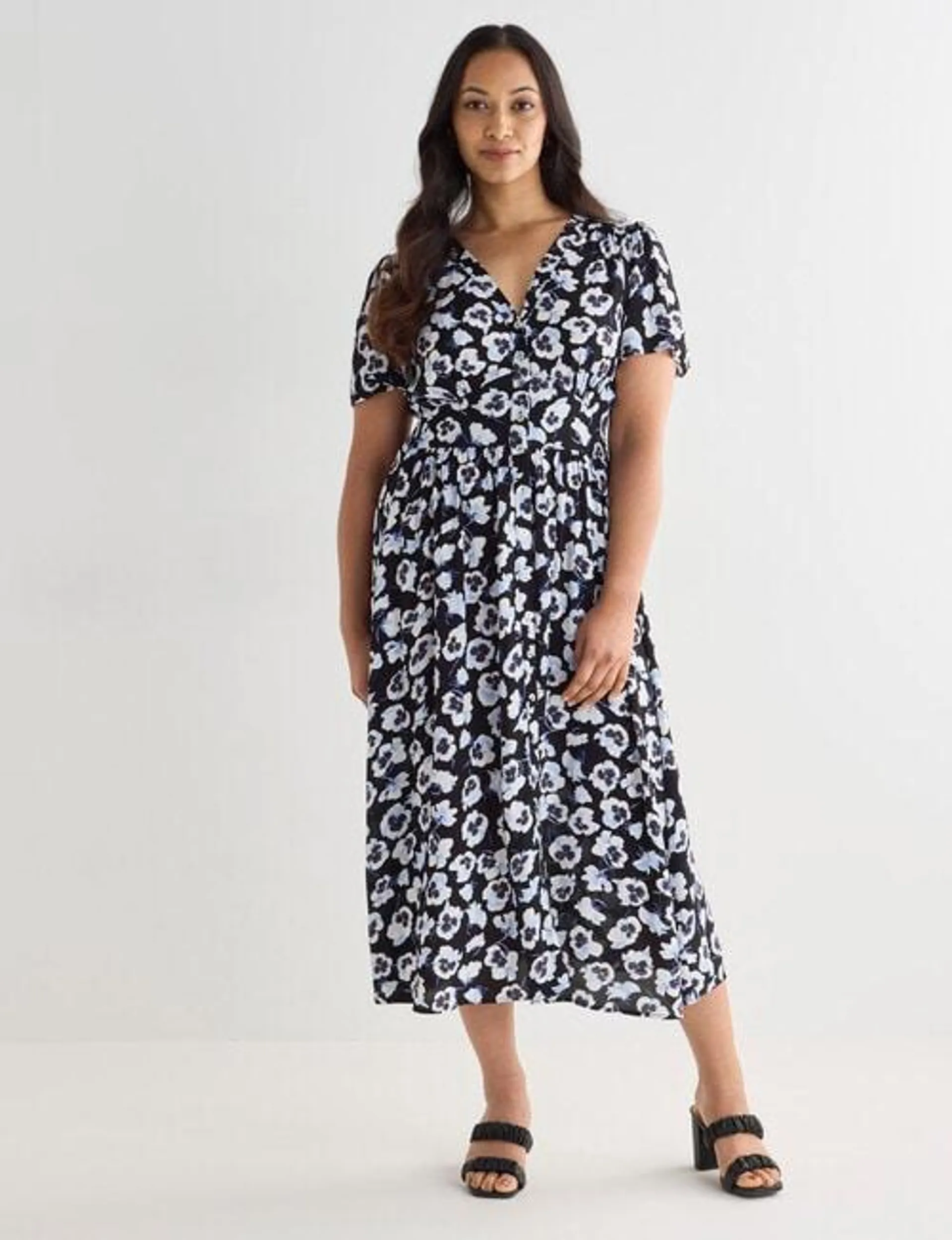 Whistle Floral Pansy Print Short Sleeve Tea Dress, Black