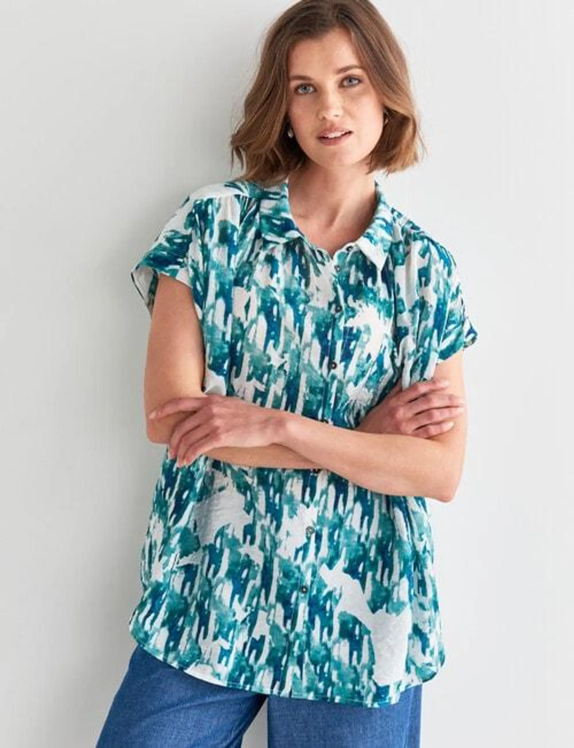 Jigsaw Icon Brushstroke Print Short Sleeve Shirt, Teal