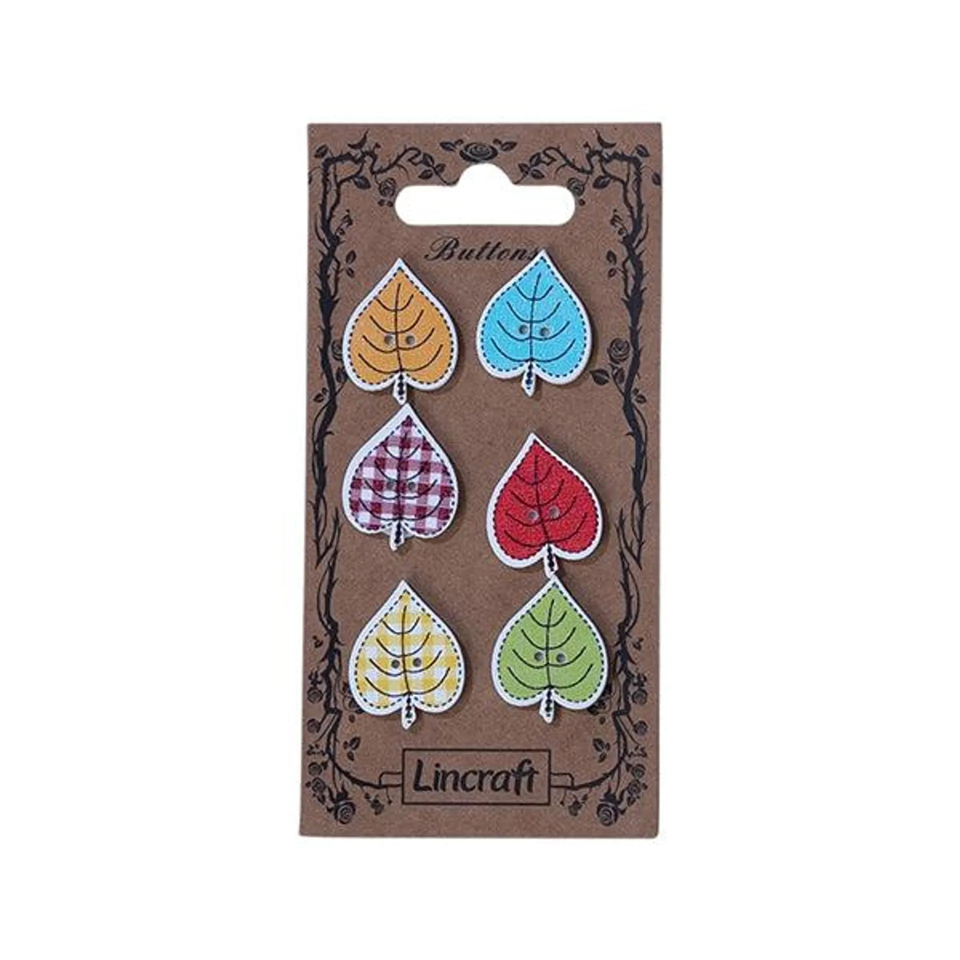 Carded Buttons, Wood Leaf- 6pk
