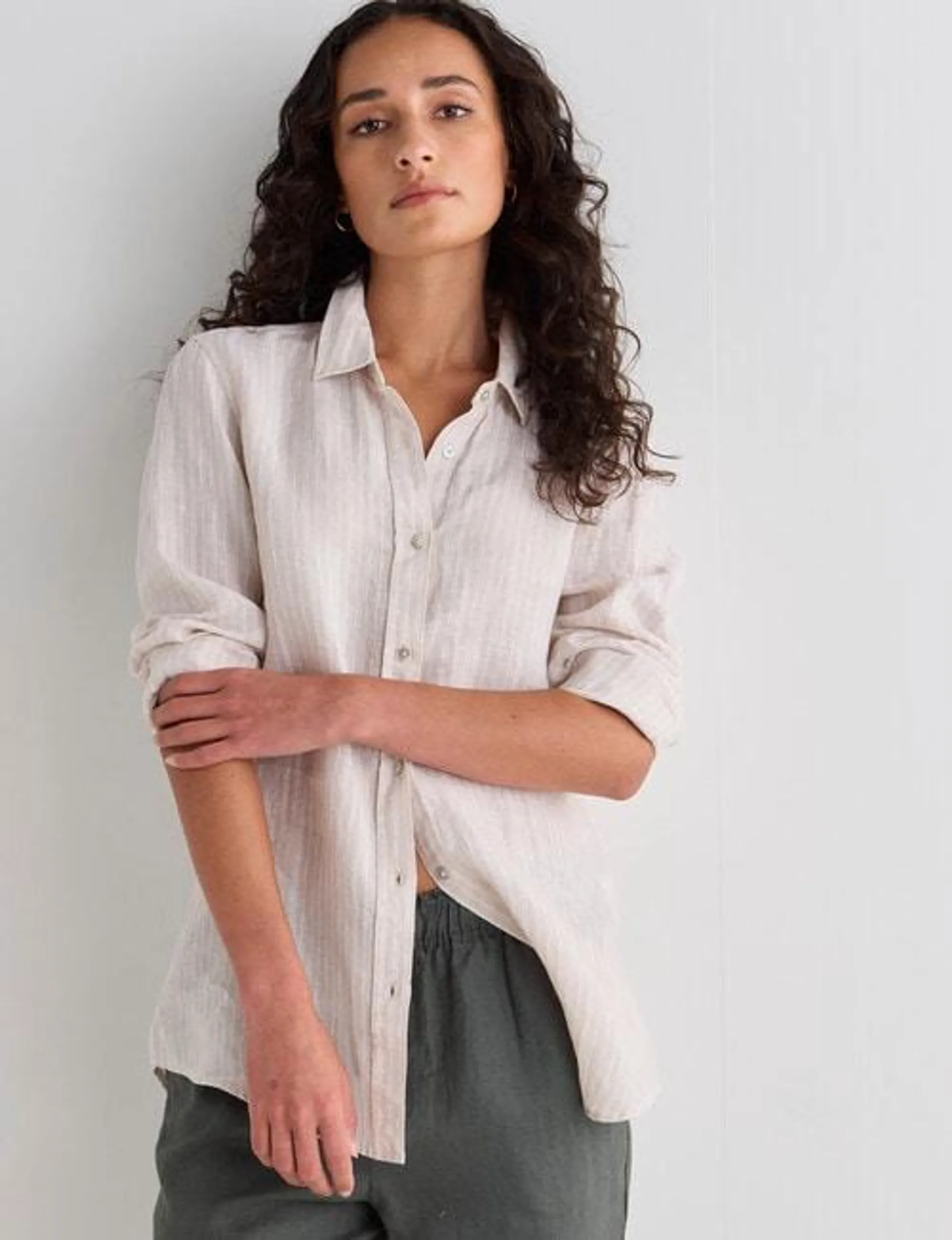 Zest Essential Linen Stripe Long Sleeve Shirt, Oat & White