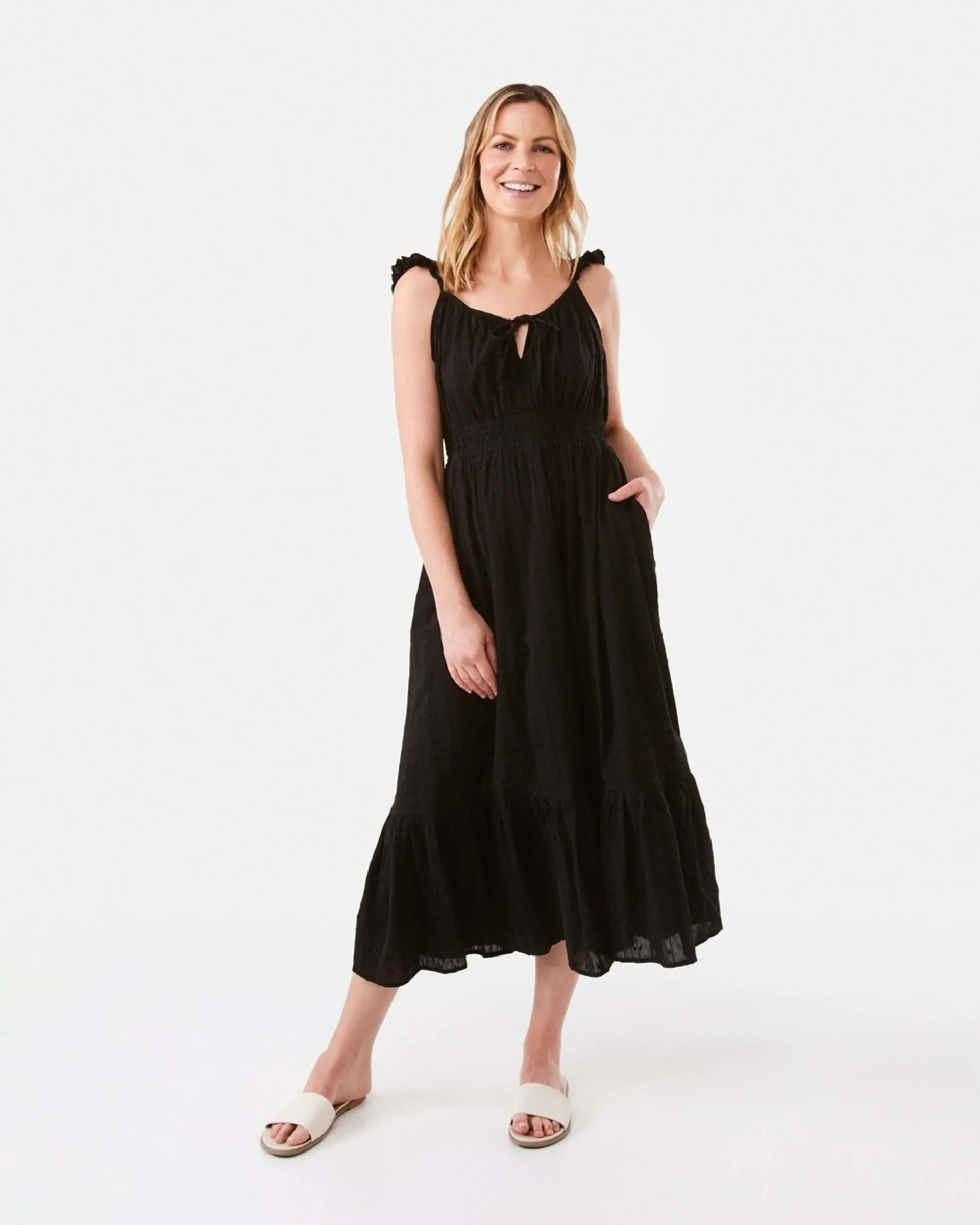 Sleeveless Frill Shirred Waist Midi Dress