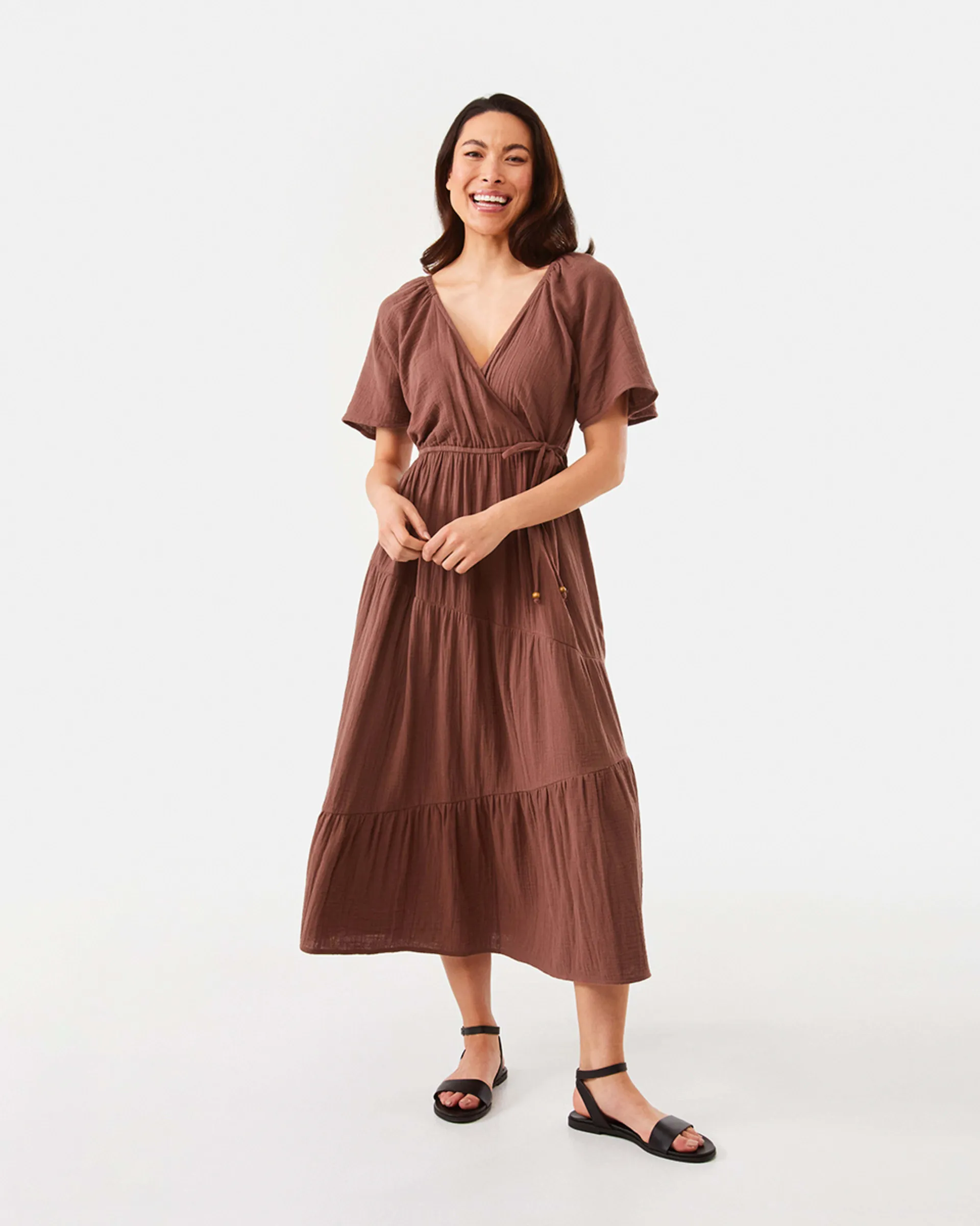 Short Sleeve Wrap Tiered Midi Dress