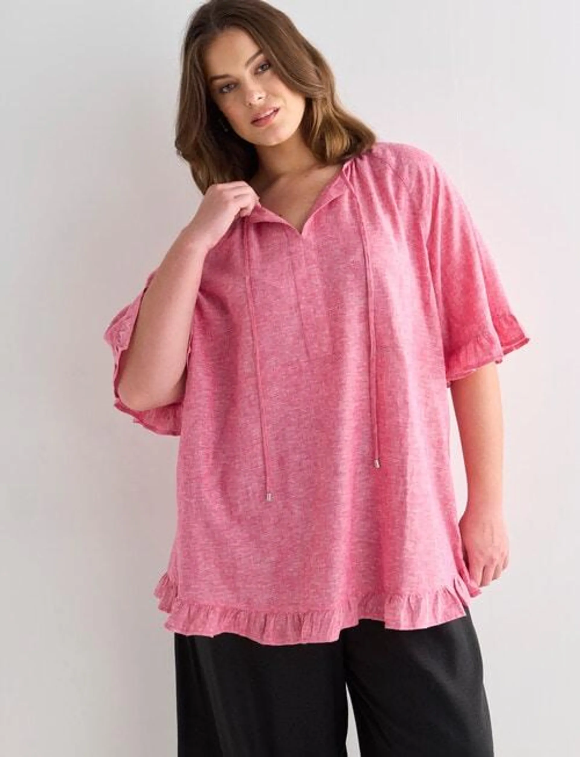 Studio Curve Linen Blend Frill Hem Peasant Top, Pink