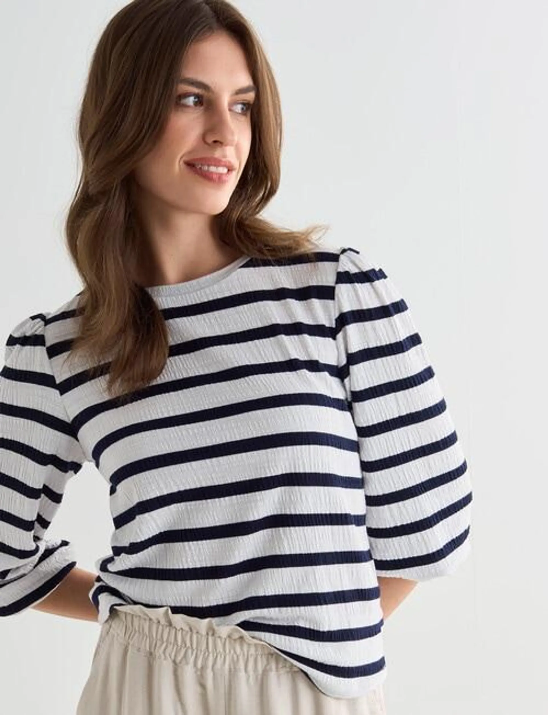 Whistle 3/4 Puff Sleeve Tee, Ivory & Midnight Stripe