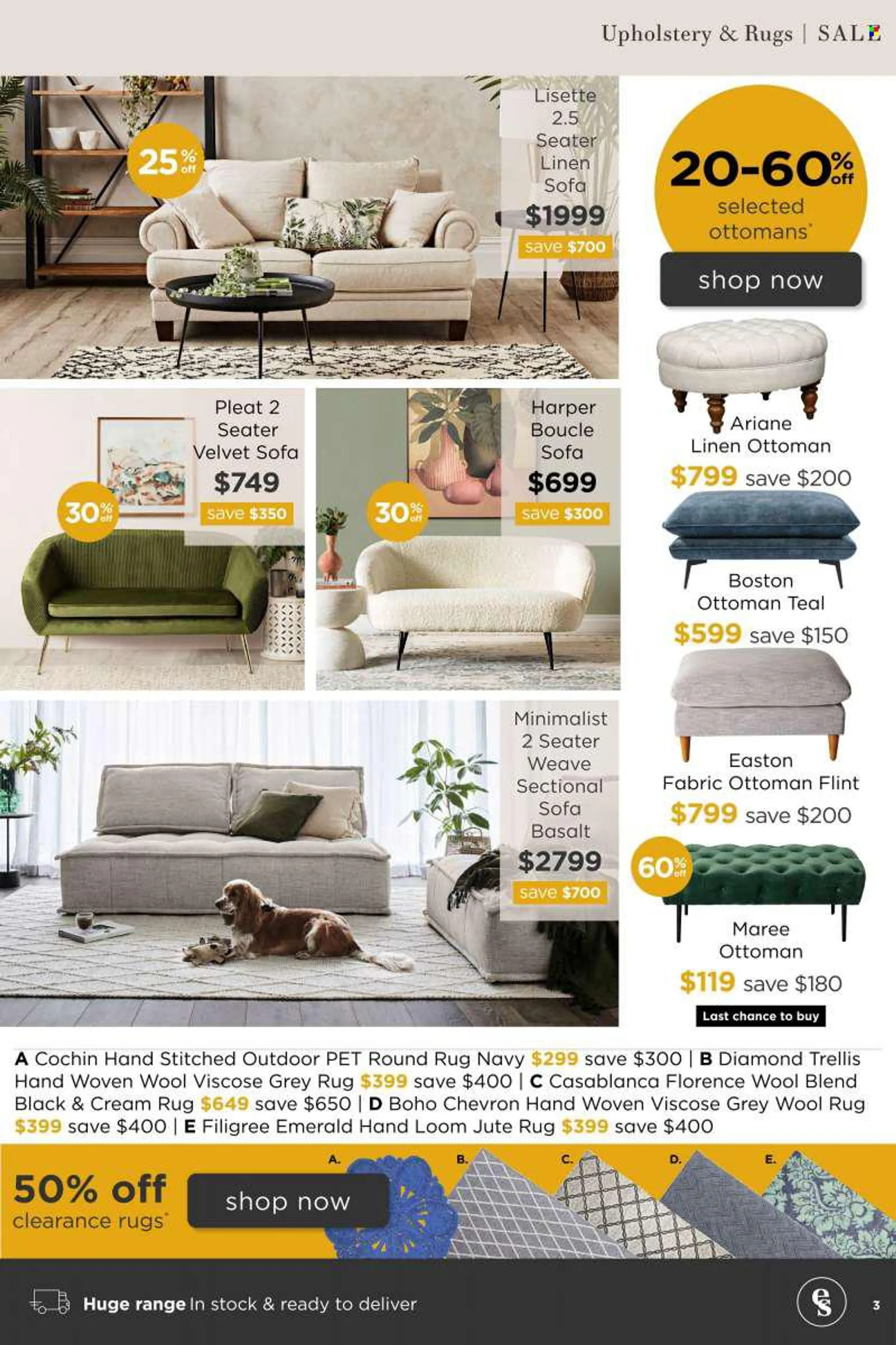 Early Settler mailer - Sales products - sofa, ottoman, linens, rug, wool rug. Page 3.