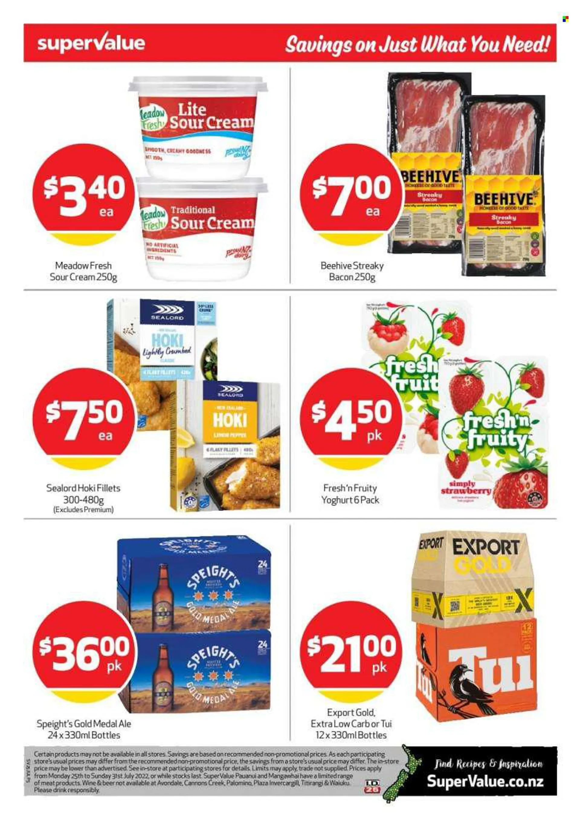 SuperValue mailer - 25.07.2022 - 31.07.2022 - Sales products - Sealord, hoki fish, bacon, streaky bacon, yoghurt, Freshn Fruity, sour cream, wine, TRULY, beer. Page 5.