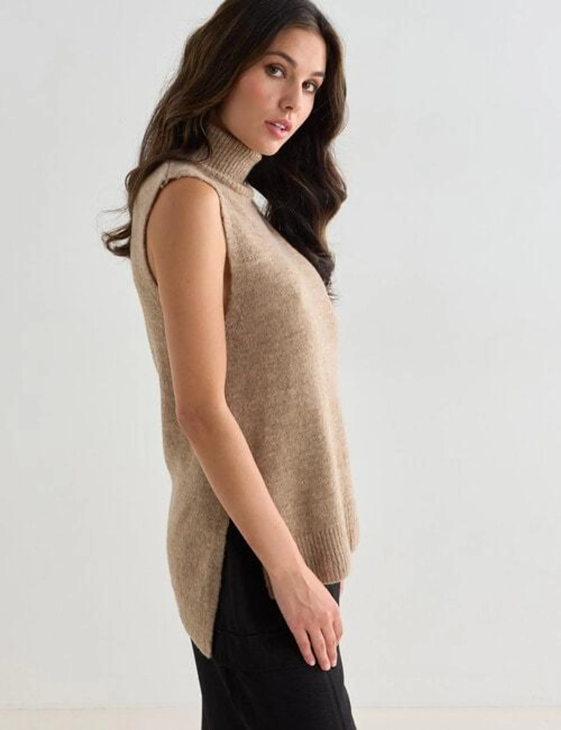 Whistle Sleeveless Roll Neck Vest, Camel