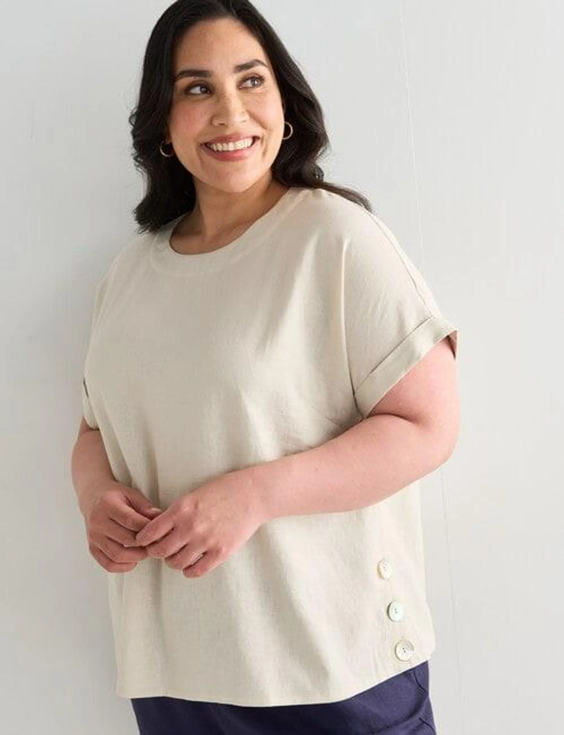 Studio Curve Linen Blend Shell Top with Button, Sand