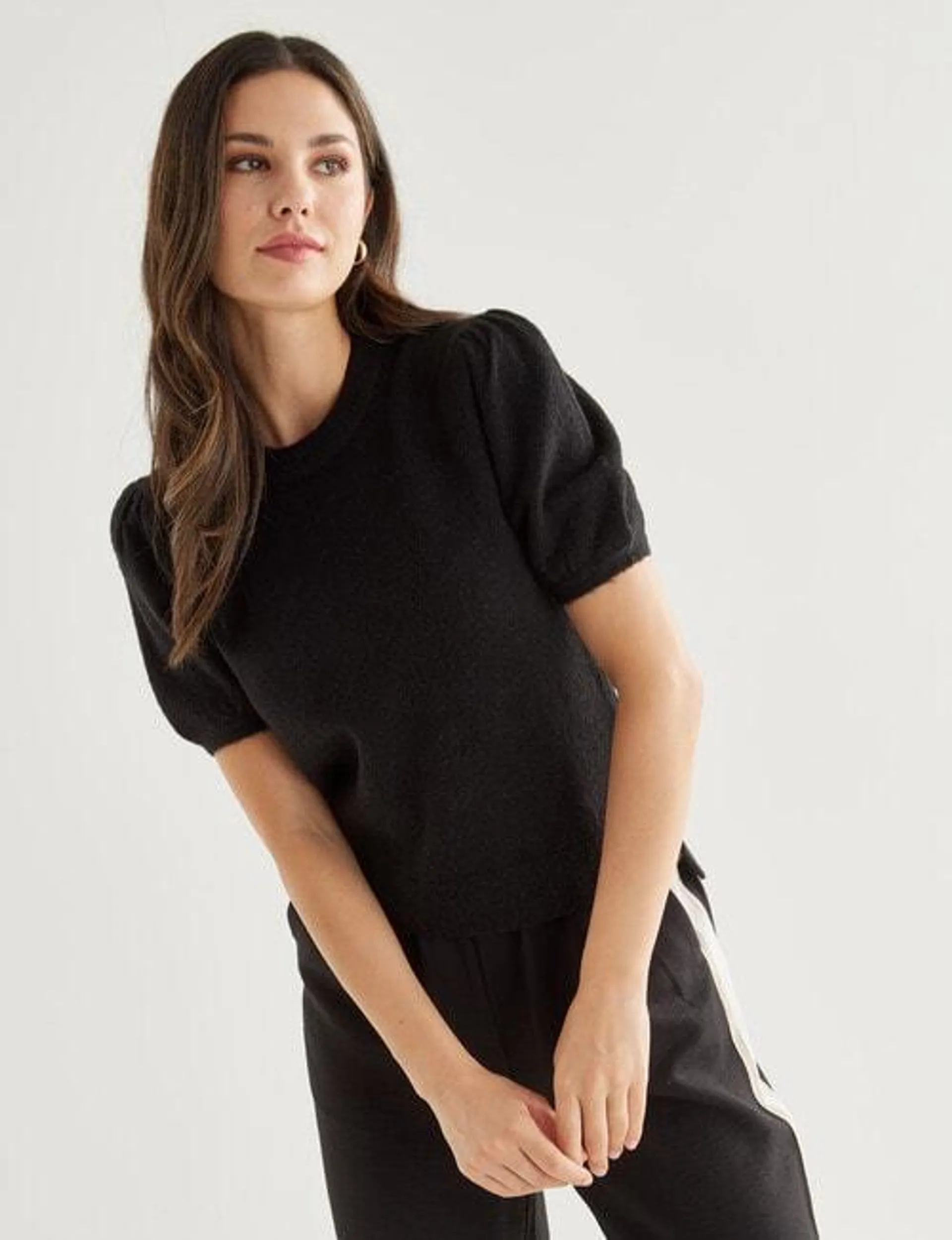 Whistle Knitted Puff Sleeve Tee, Black