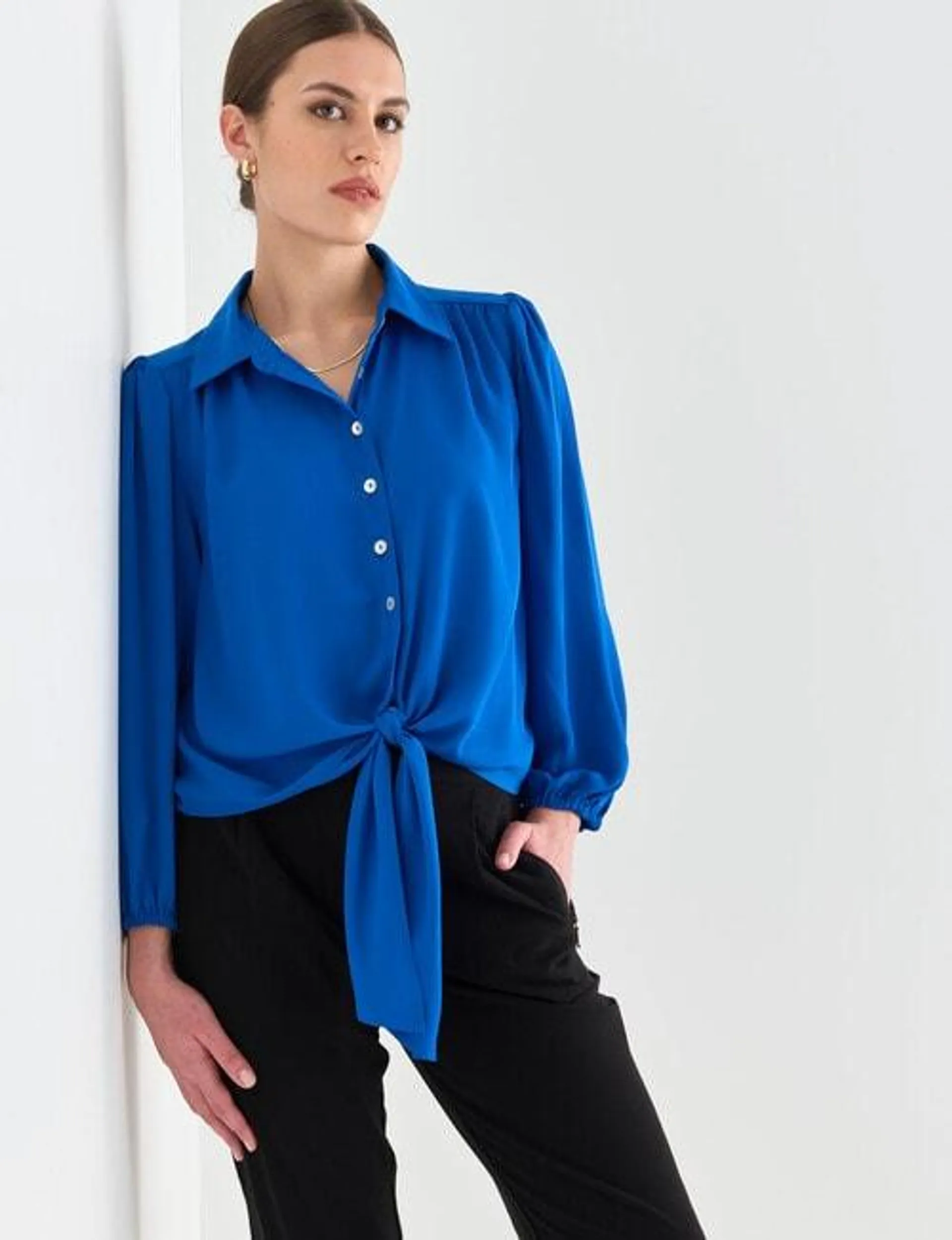 Whistle Tie Front 3/4 Sleeve Blouse, Vivid Blue