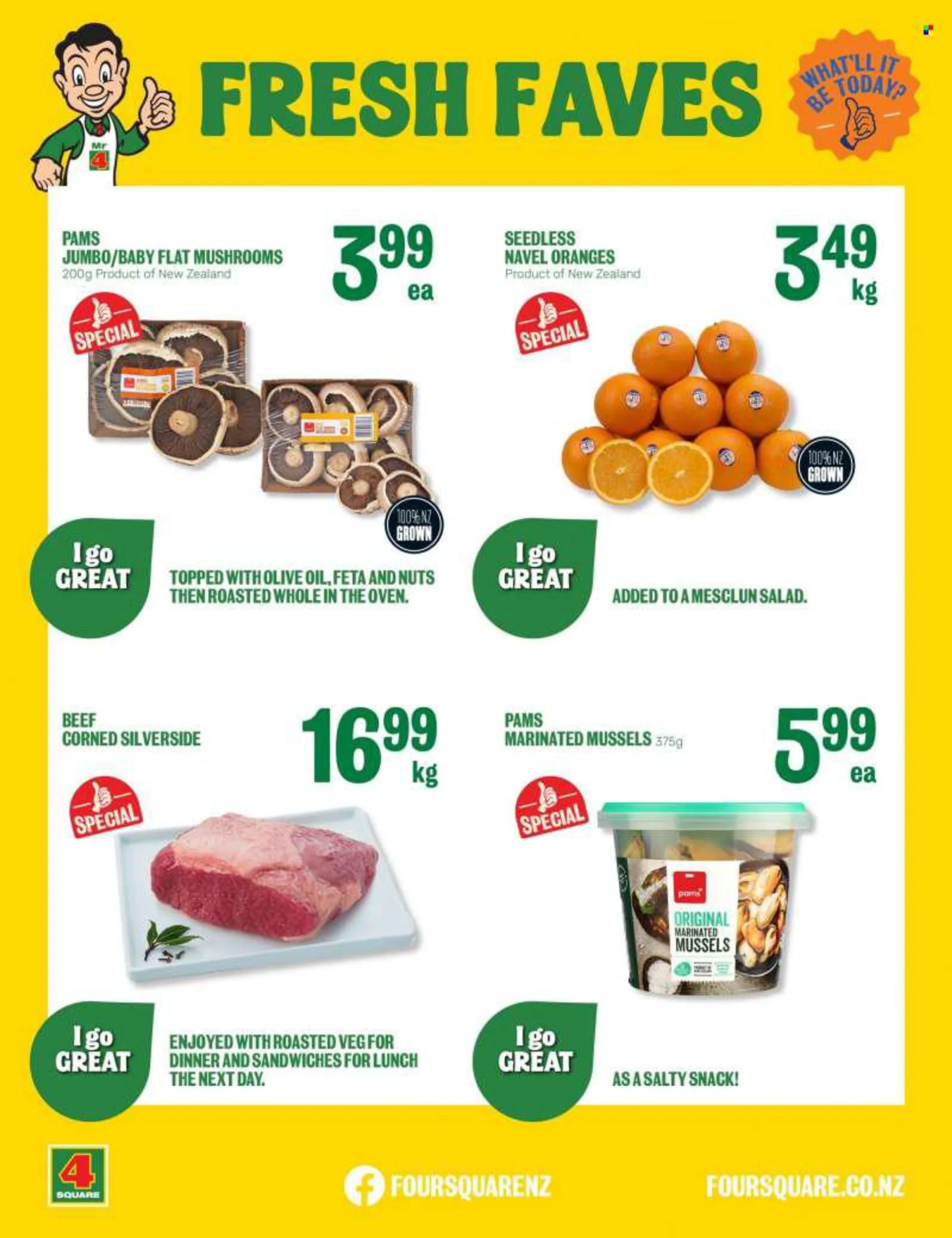 Four Square mailer - 15.08.2022 - 21.08.2022 - Sales products - mushroom, flat mushrooms, mesclun, orange, navel oranges, mussel, sandwich, feta cheese, snack, oil, nuts. Page 3.