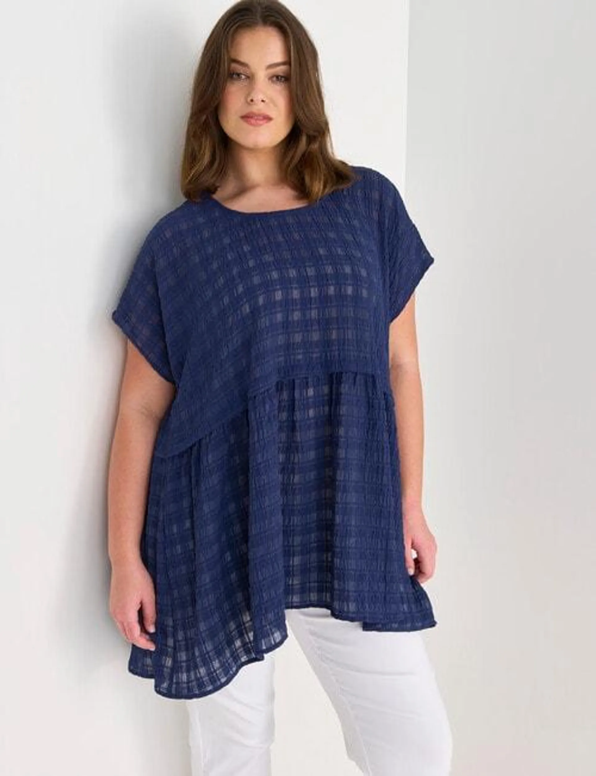 Studio Curve Textured Tunic Top, Navy