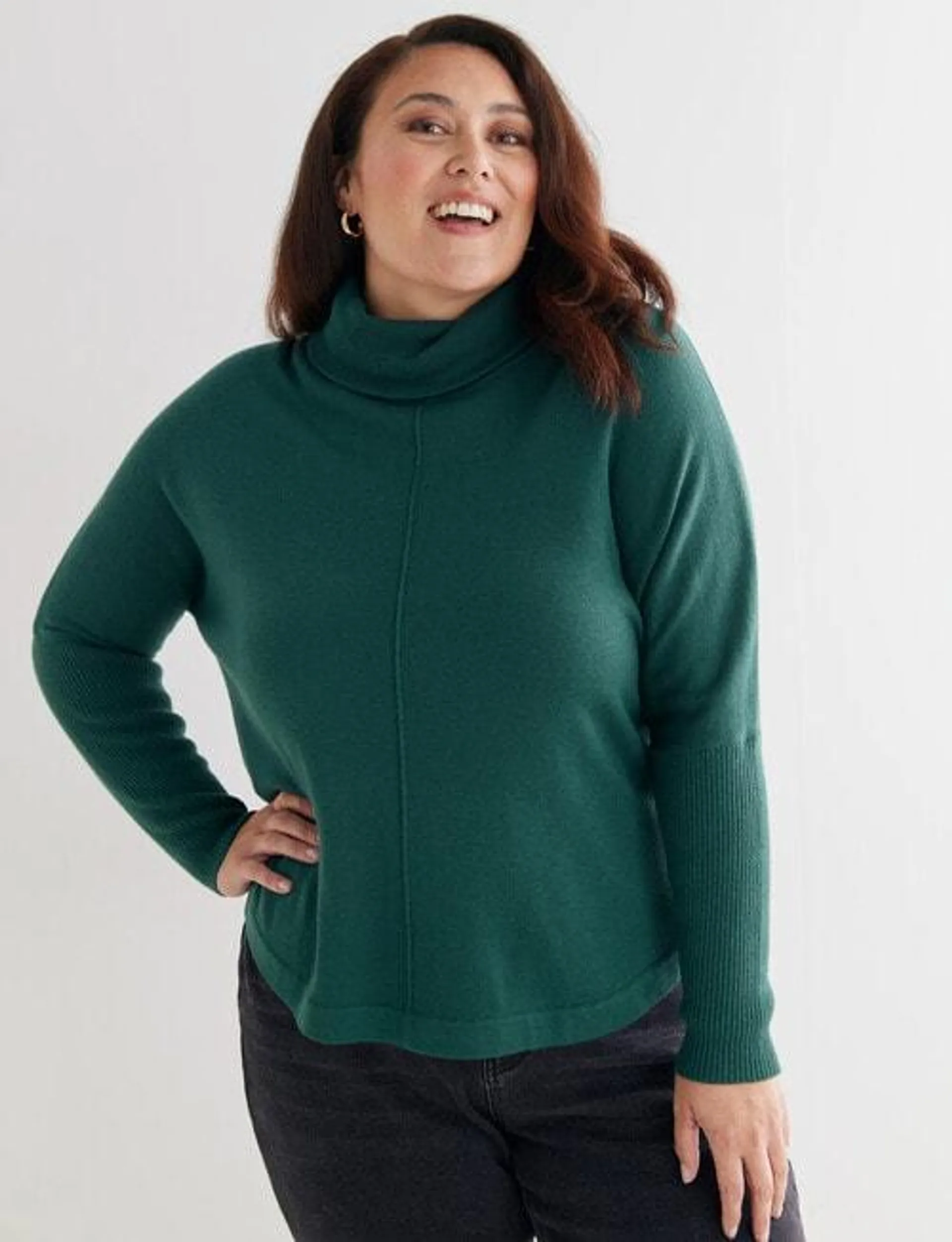 North South Curve Merino Blend Roll Neck Jumper, Emerald