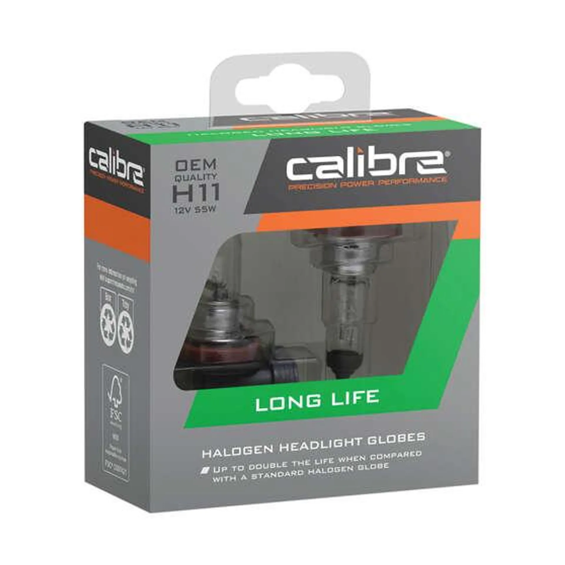 Calibre Long Life Headlight Globes - H11, 12V 55W, CALLH11