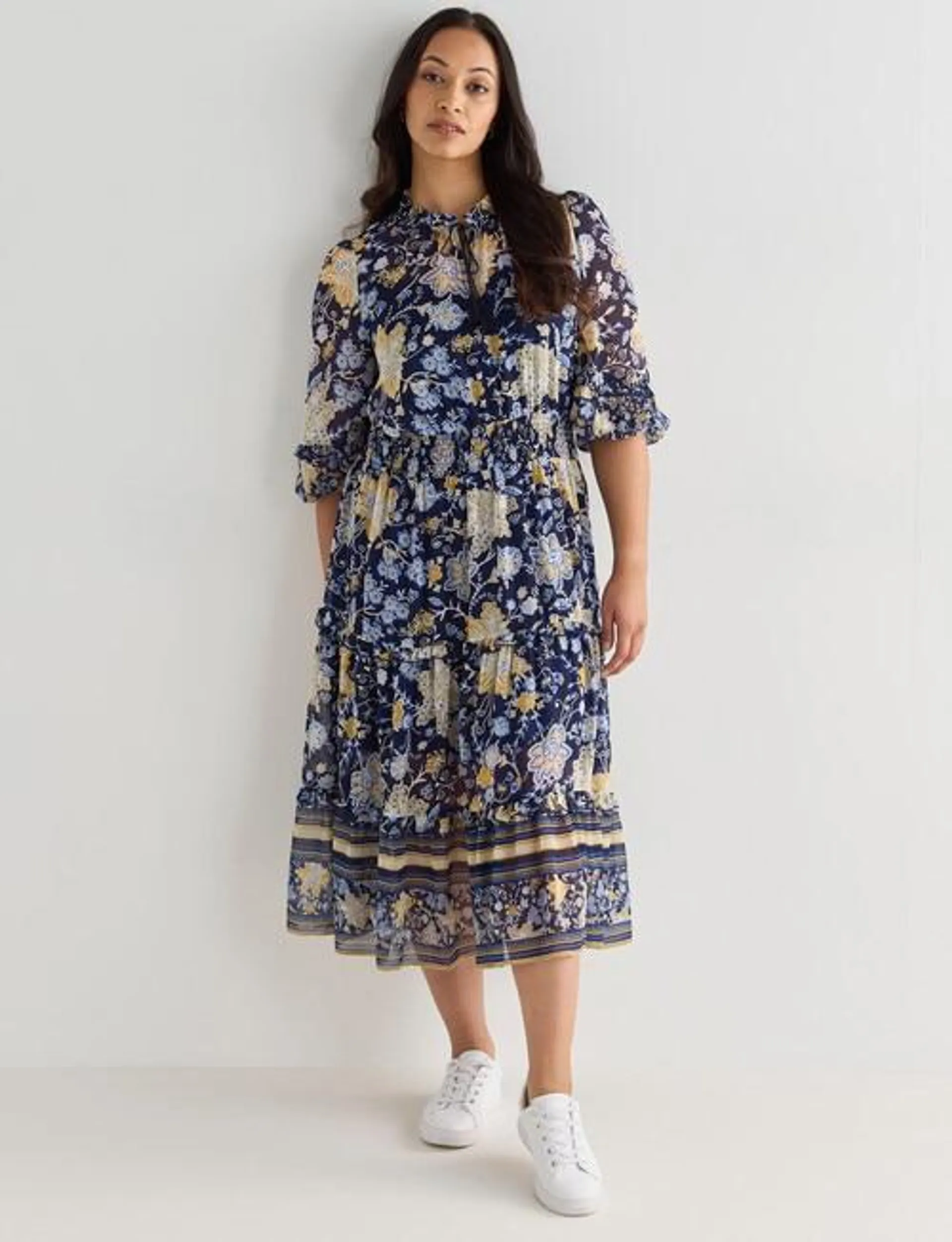 Whistle Tiered 3/4 Sleeve Dress, Navy Paisley