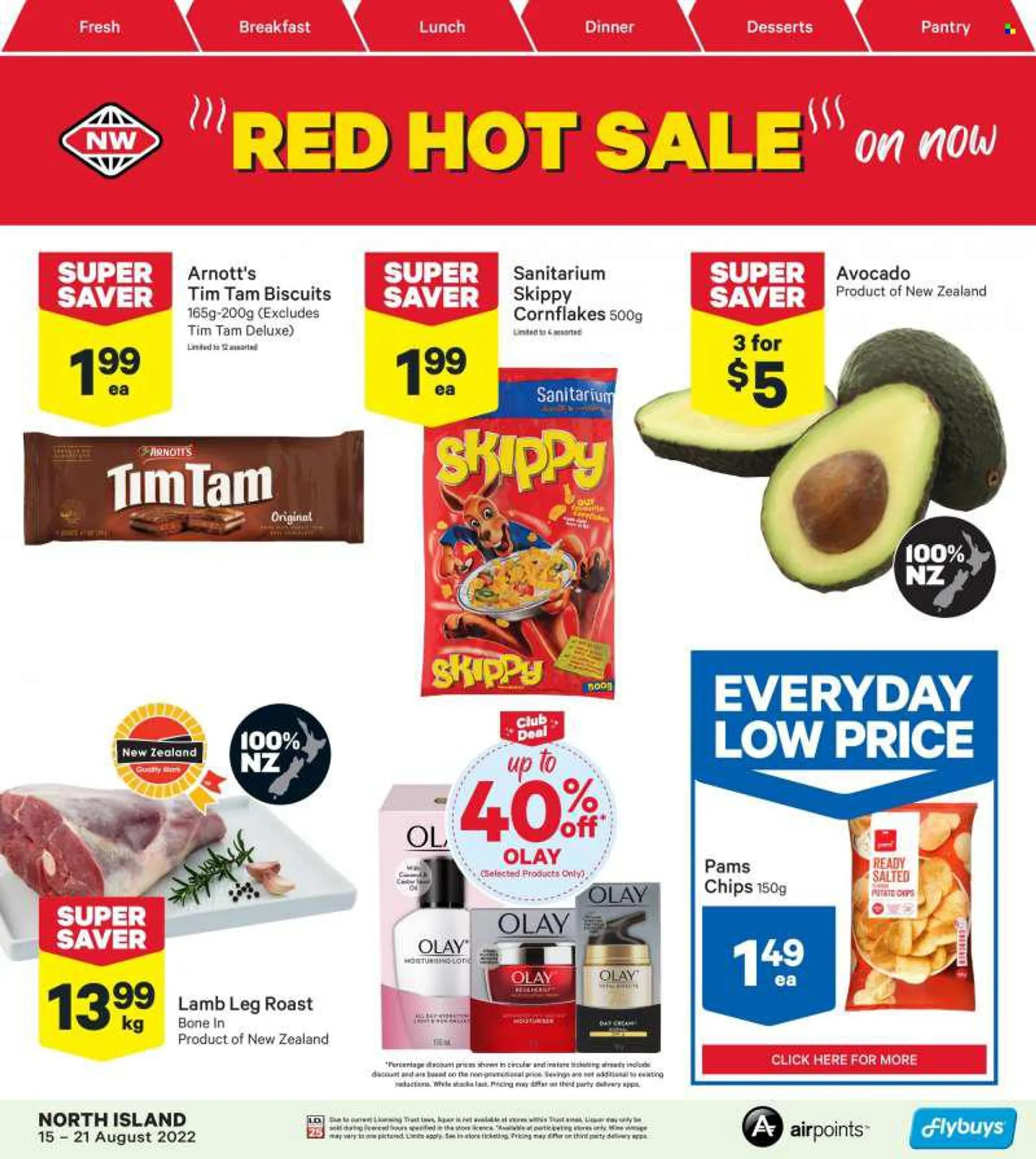 New World mailer - 15.08.2022 - 21.08.2022 - Sales products - avocado, Tim Tam, biscuit, chips, corn flakes, wine, lamb meat, lamb leg, Olay. Page 1.