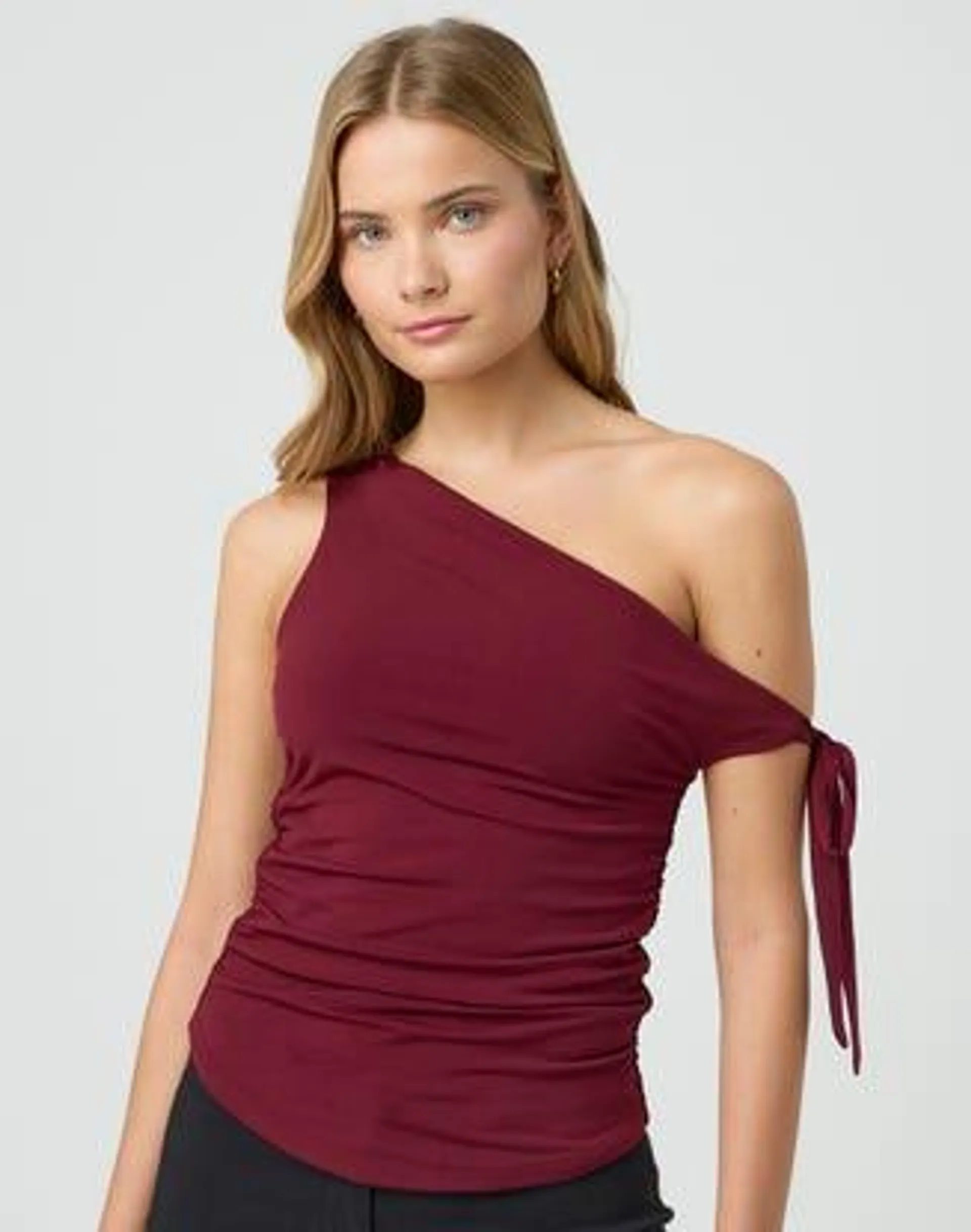 Ruched Side Tie One Shoulder Top