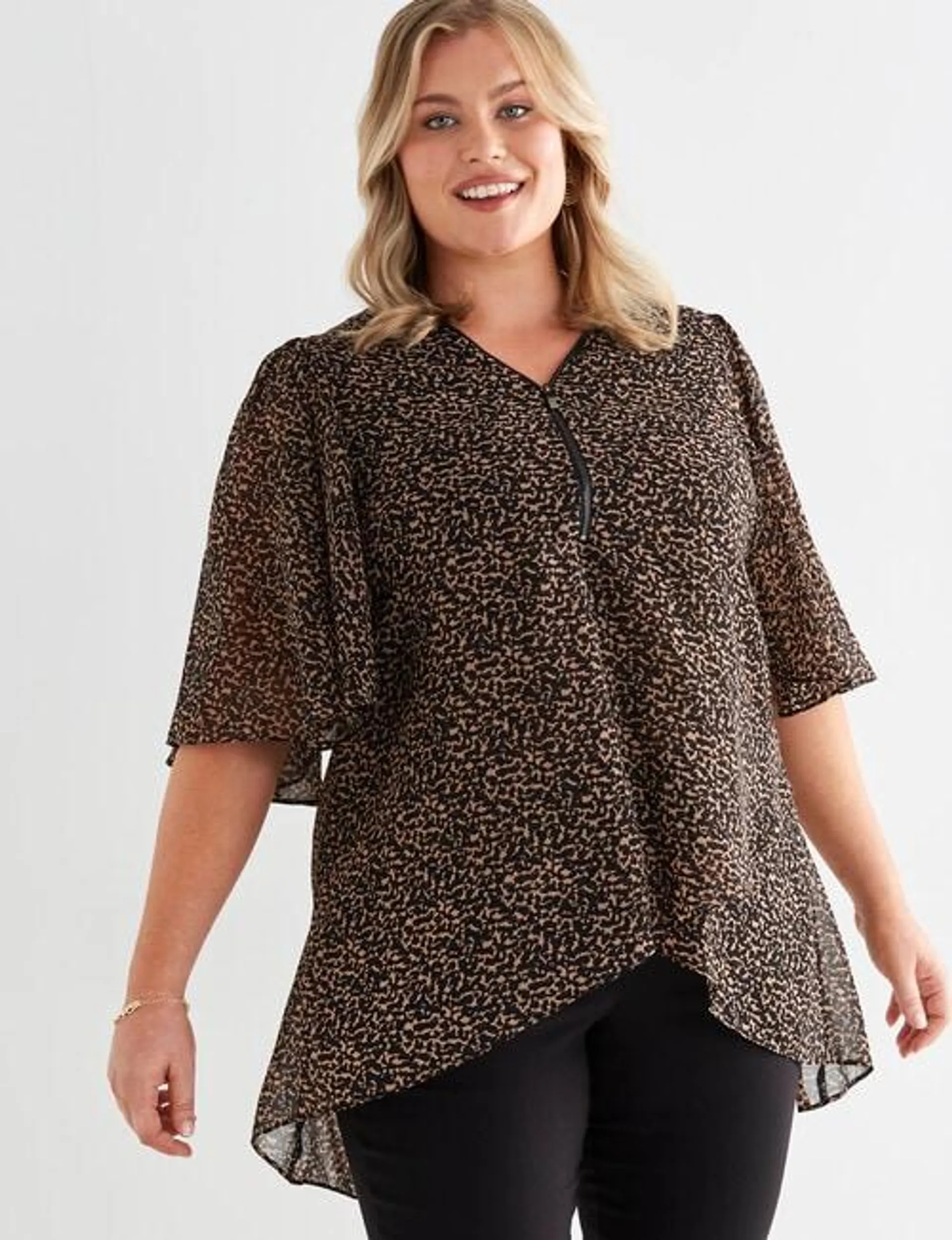 Studio Curve Animal Print Zip Front Tunic Top, Black