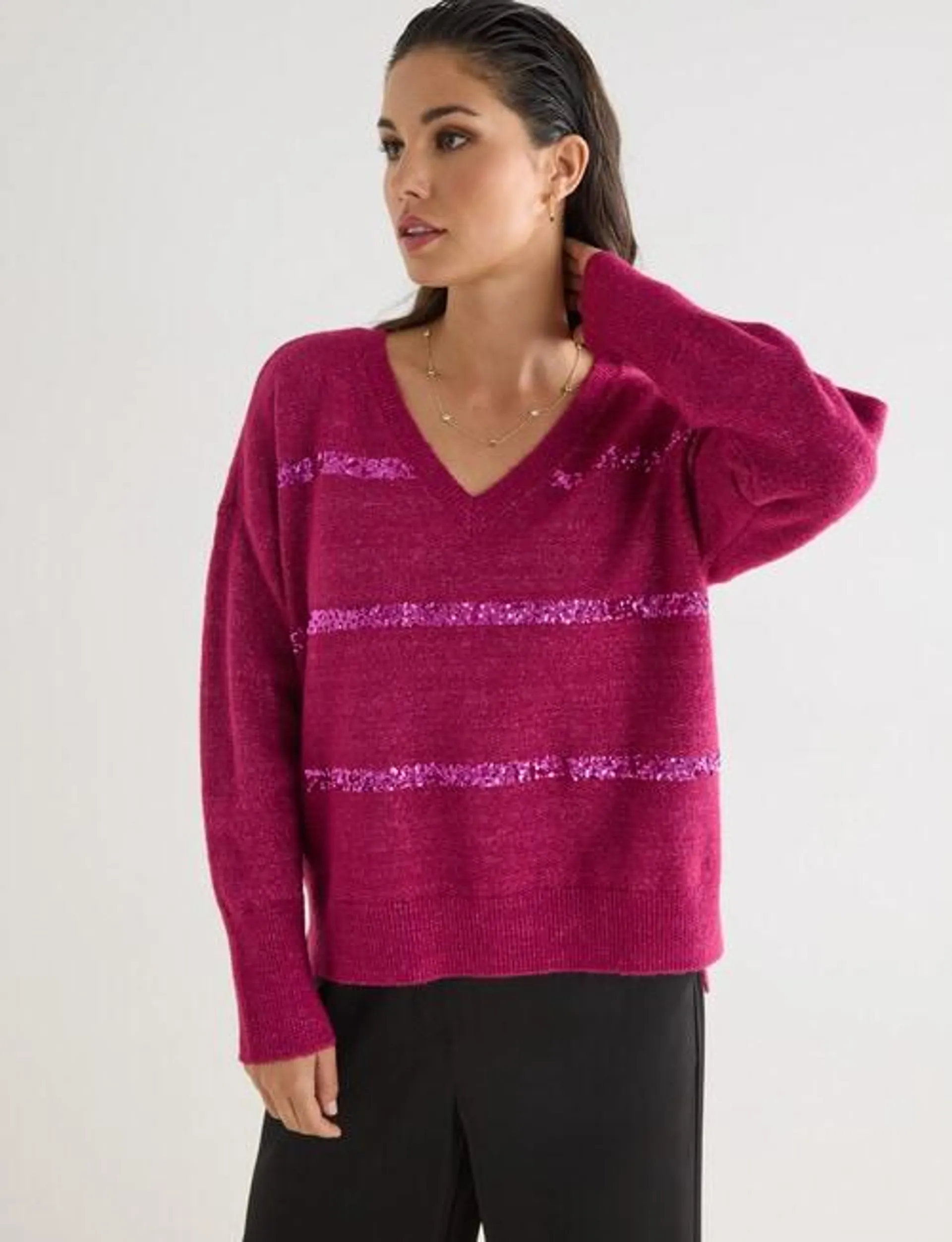 Whistle Long Sleeve Sequin Jumper, Magenta