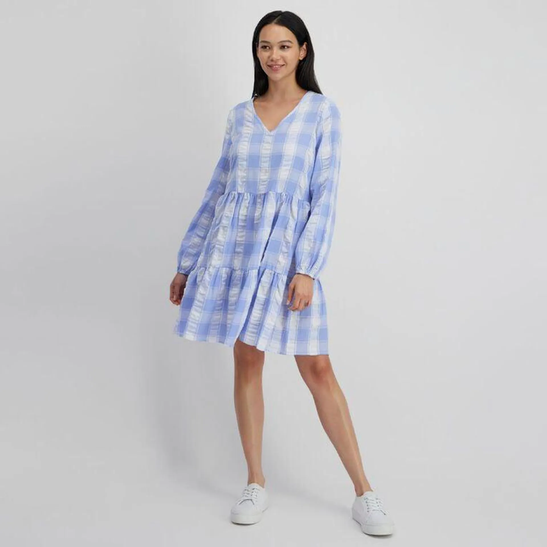 H&H Women's Long Sleeve Tiered Check Mini Dress