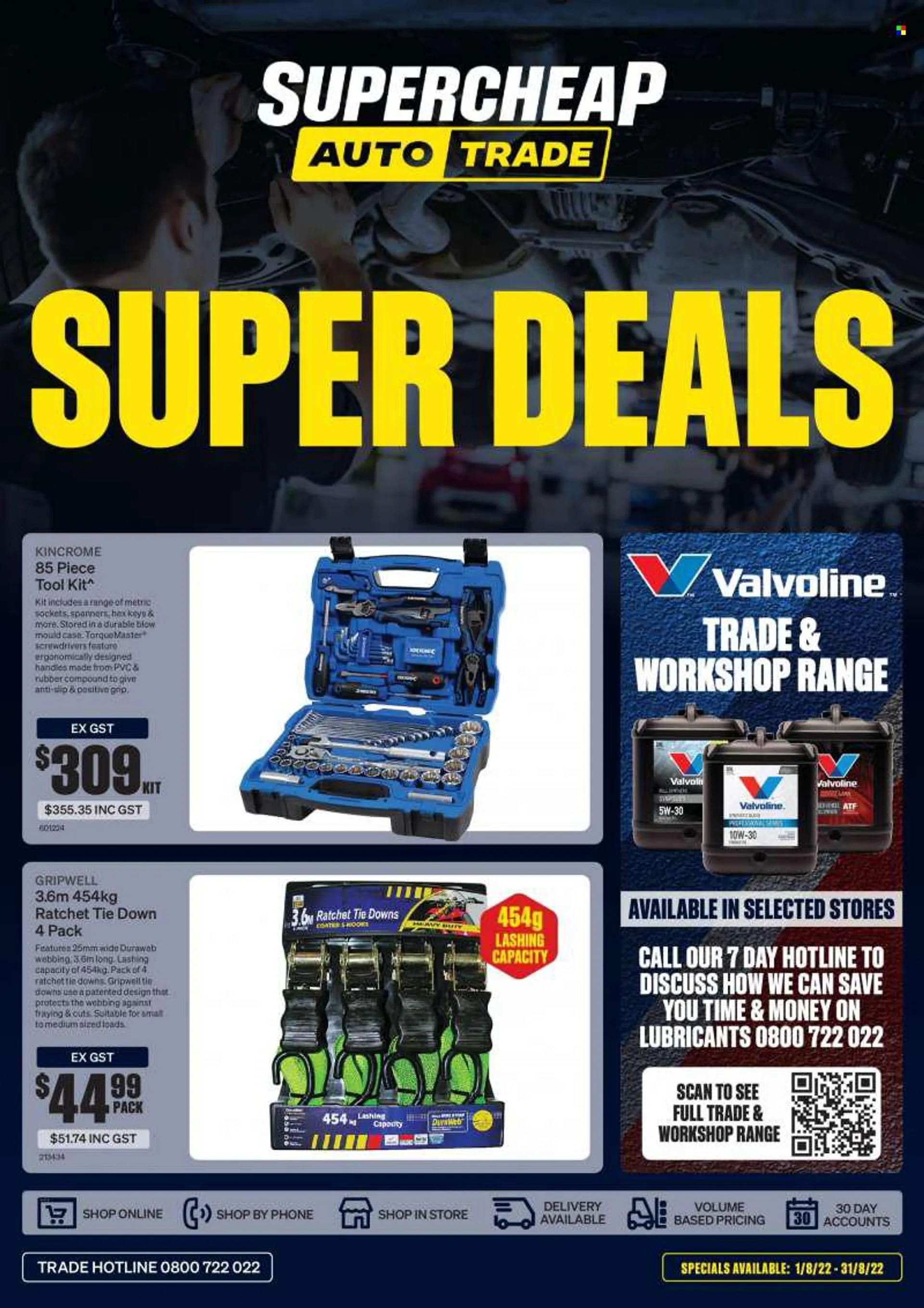SuperCheap Auto mailer - 01.08.2022 - 31.08.2022 - Sales products - tool set, tie downs. Page 1.