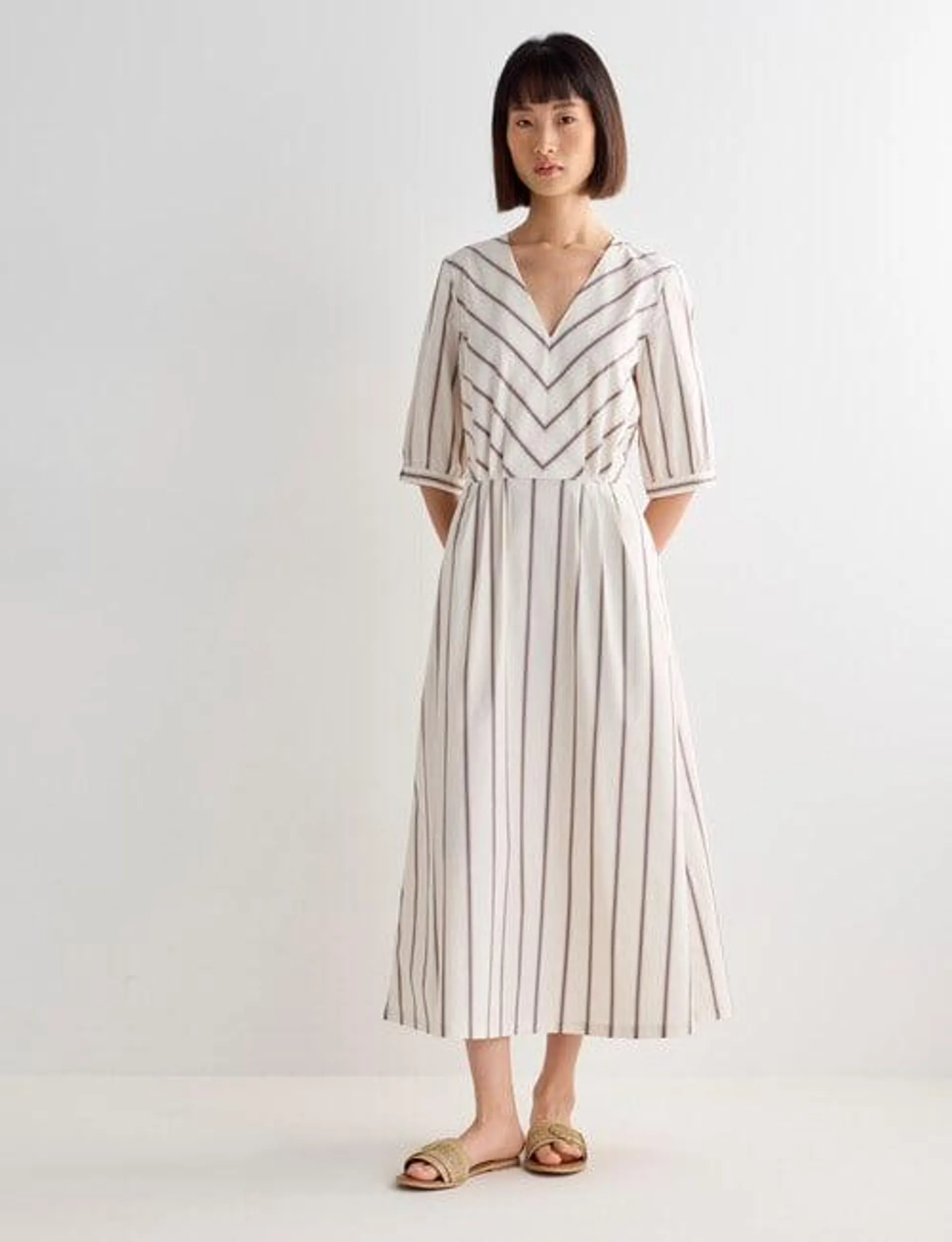 Jigsaw Peta Stripe Pleated V Neck Midi Dress, White & Blue