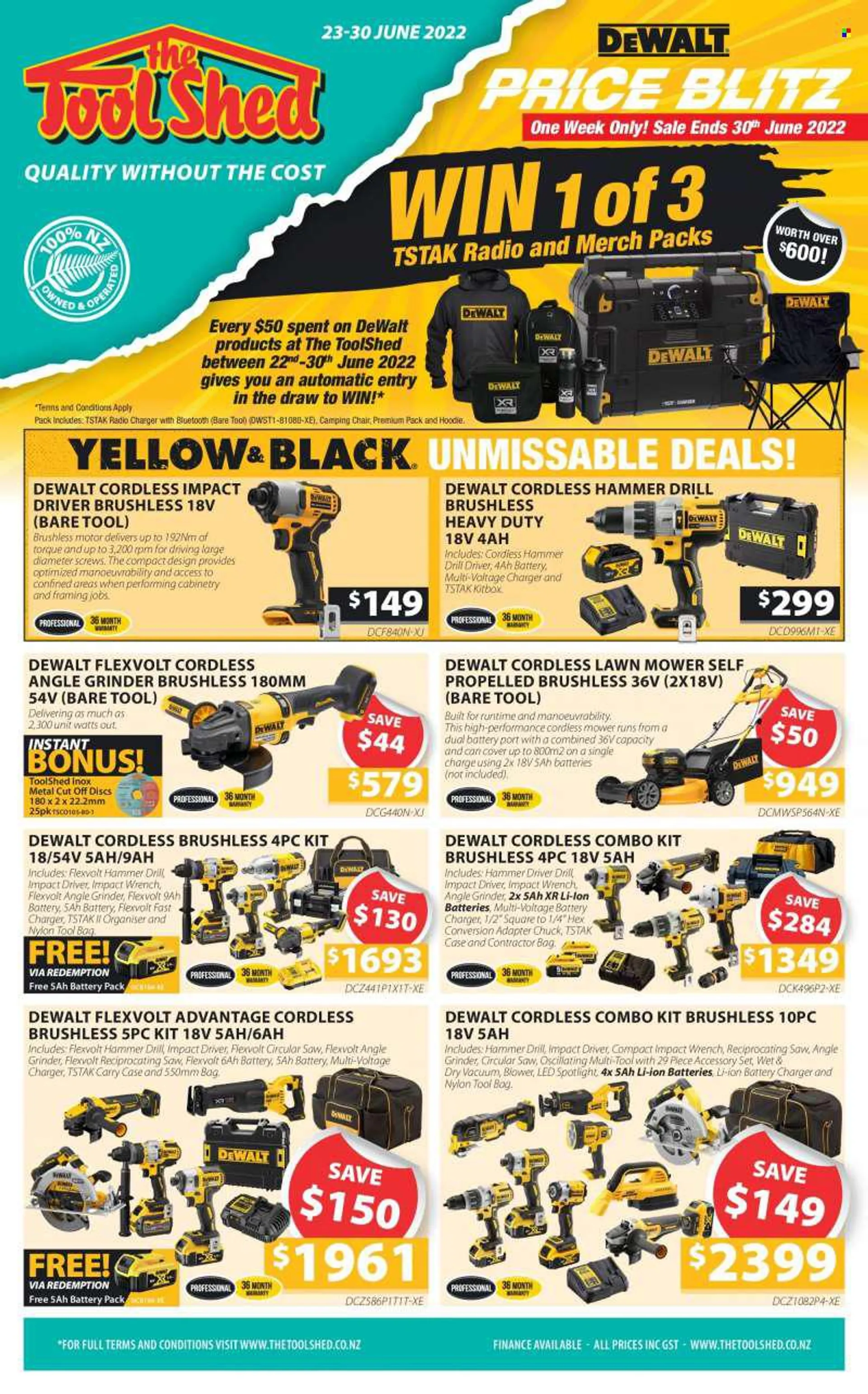 The Tool Shed mailer - 23.06.2022 - 30.06.2022 - Sales products - spotlight, cordless combo kit, DeWALT, impact driver, grinder, circular saw, saw, angle grinder, reciprocating saw, lawn mower, combo kit, blower. Page 1.