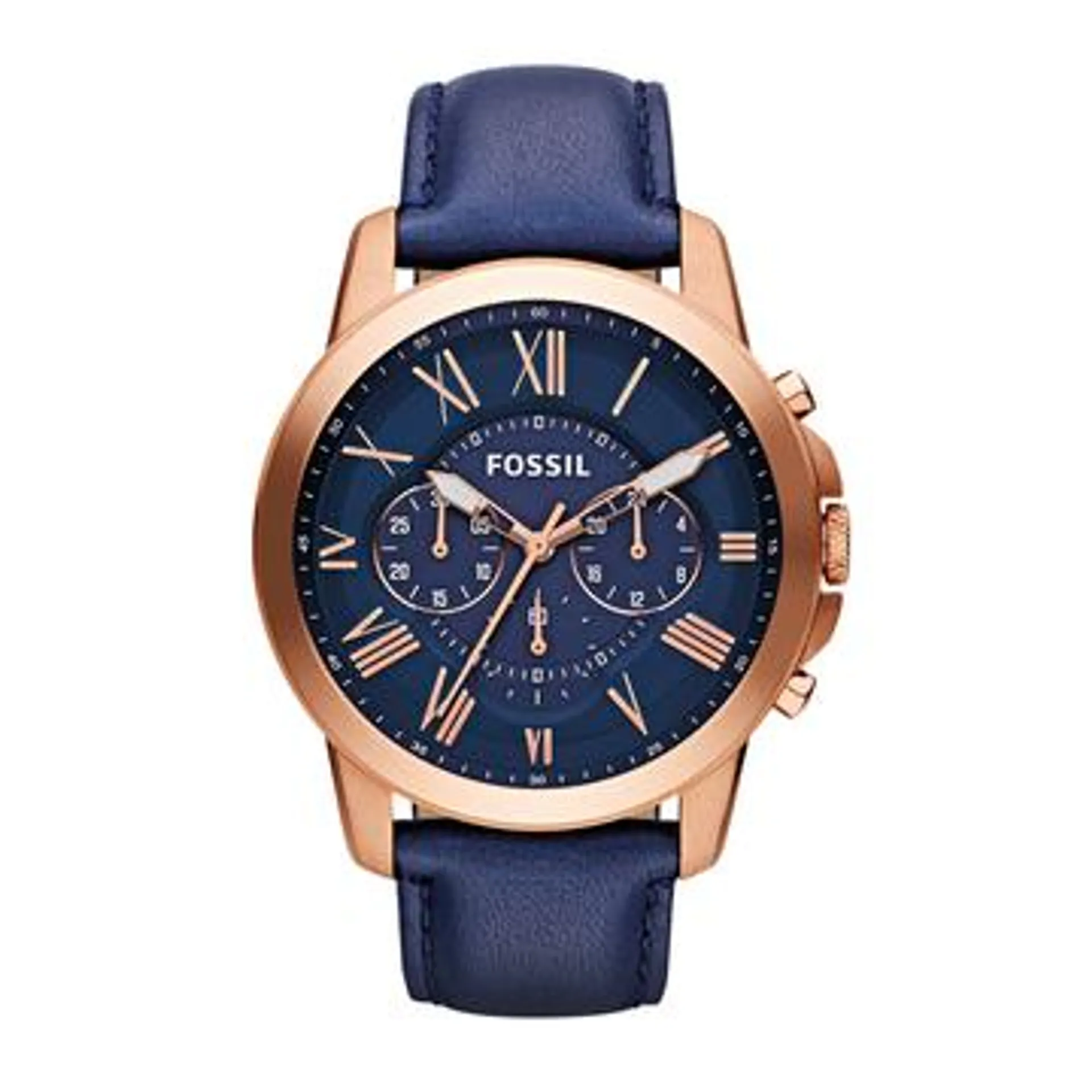 Fossil Gents Grant Chronograph Rose Gold Tone Blue Leather Strap