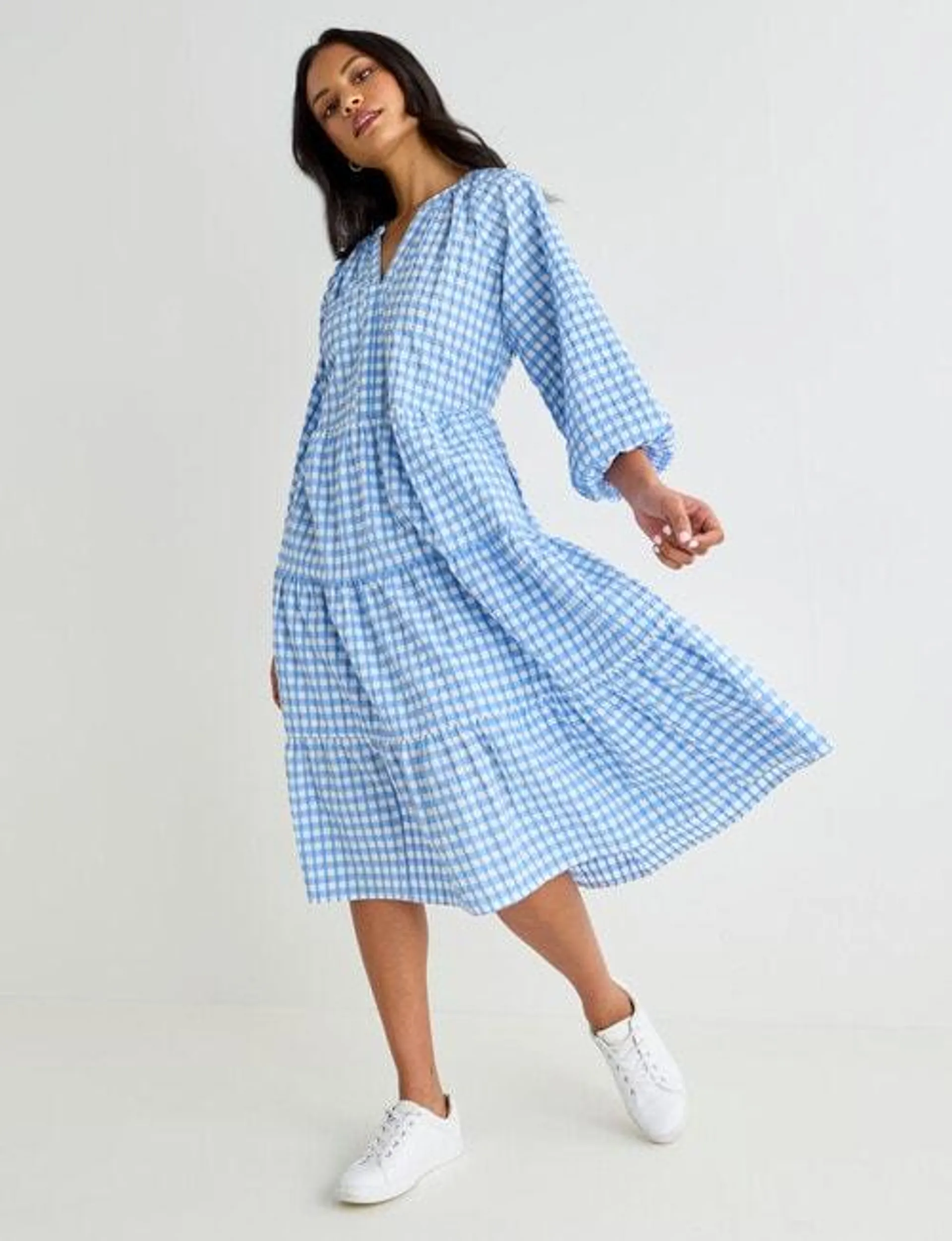 Zest Gingham Tiered Dress, Periwinkle