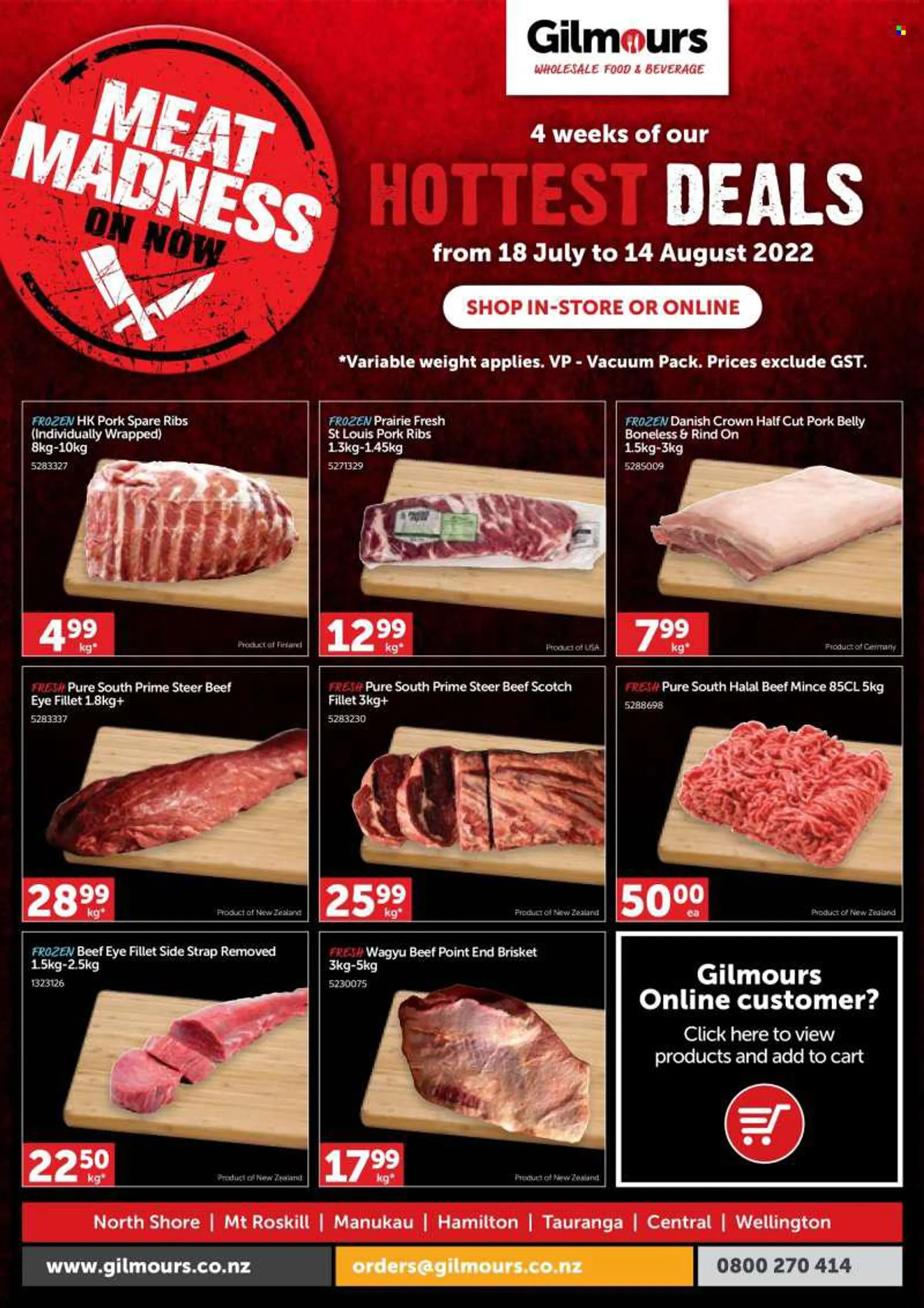 Gilmours mailer - 18.07.2022 - 14.08.2022 - Sales products - beef meat, ground beef, beef tenderloin, eye of round, pork belly, pork meat, pork ribs, pork spare ribs. Page 1.