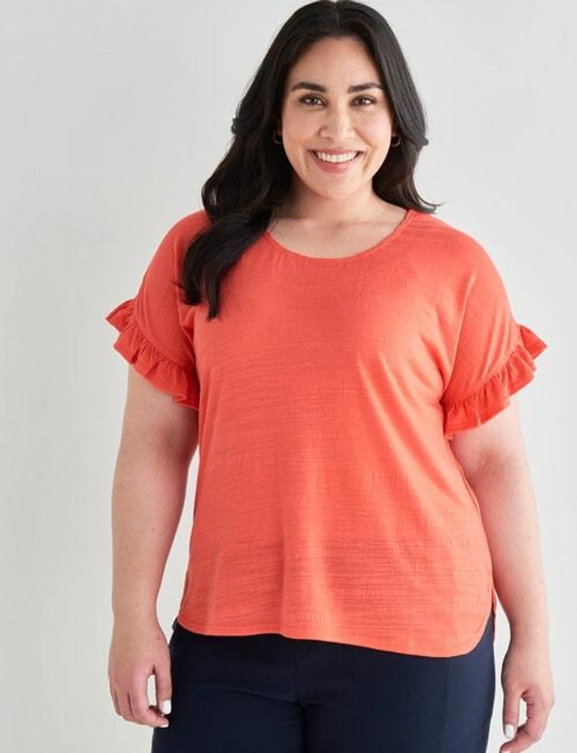 Studio Curve Frill Hem Slub Top, Orange