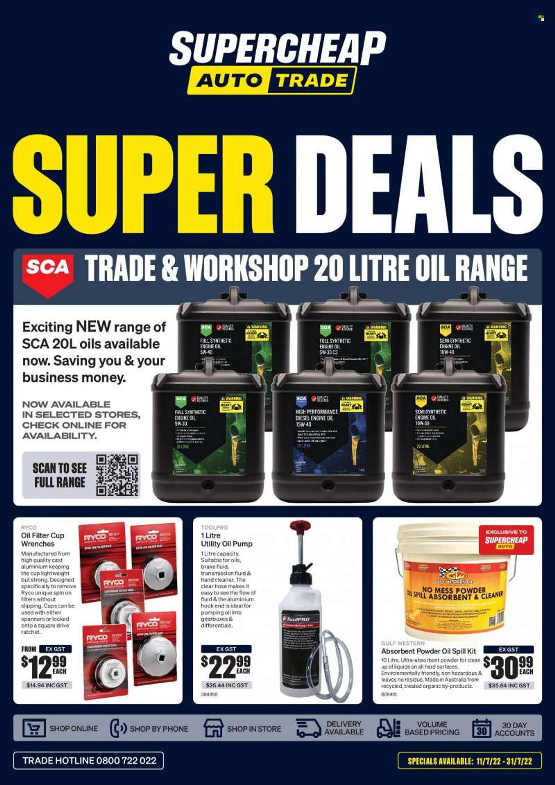 SuperCheap Auto mailer - 11.07.2022 - 31.07.2022 - Sales products - cleaner, hook, cup, pump, wrench, oil filter, transmission fluid, brake fluid. Page 1.