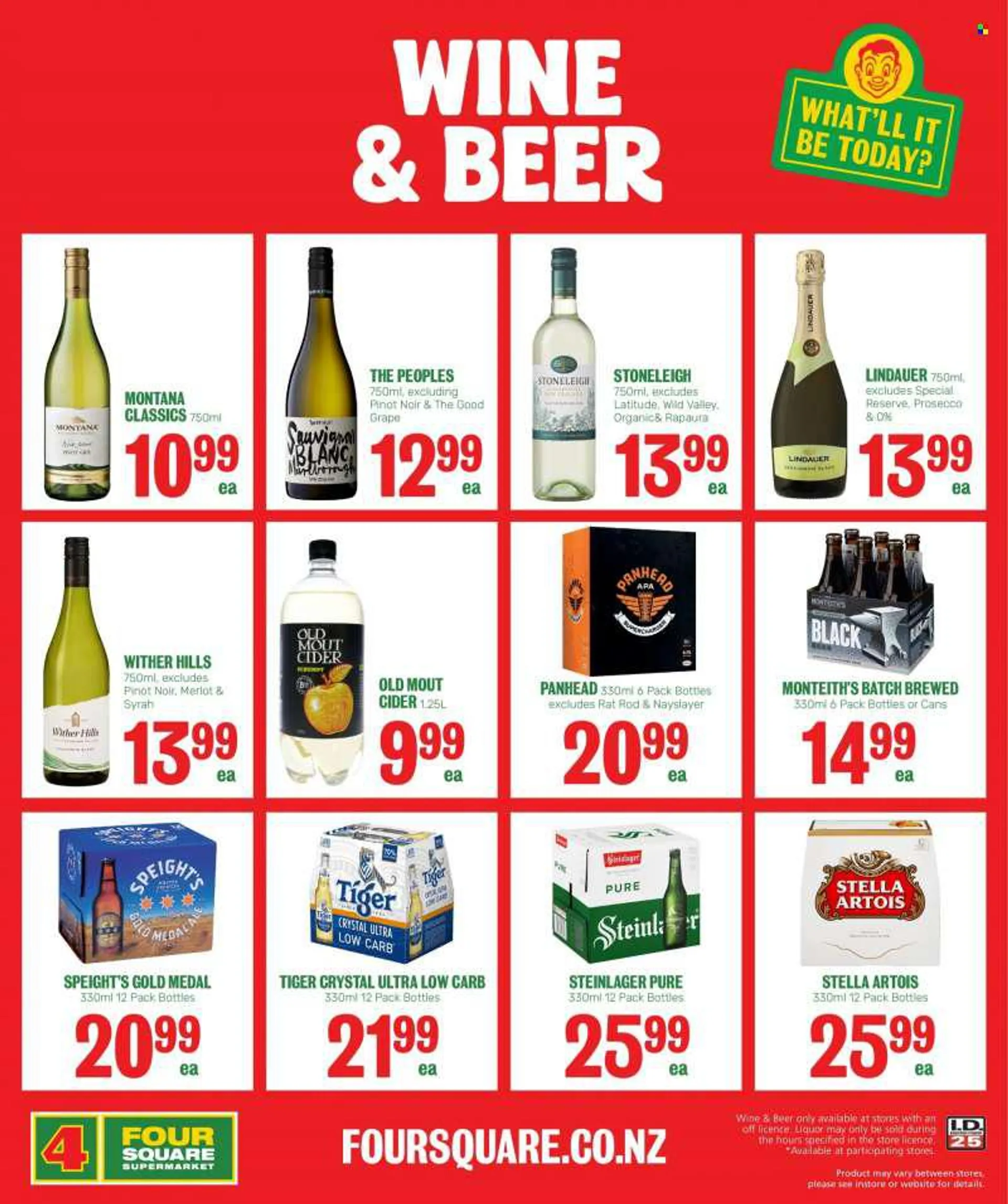 Four Square mailer - 08.08.2022 - 21.08.2022 - Sales products - red wine, sparkling wine, prosecco, wine, Merlot, Pinot Noir, Lindauer, Wither Hills, Syrah, cider, beer, Steinlager, Hills, Stella Artois. Page 7.