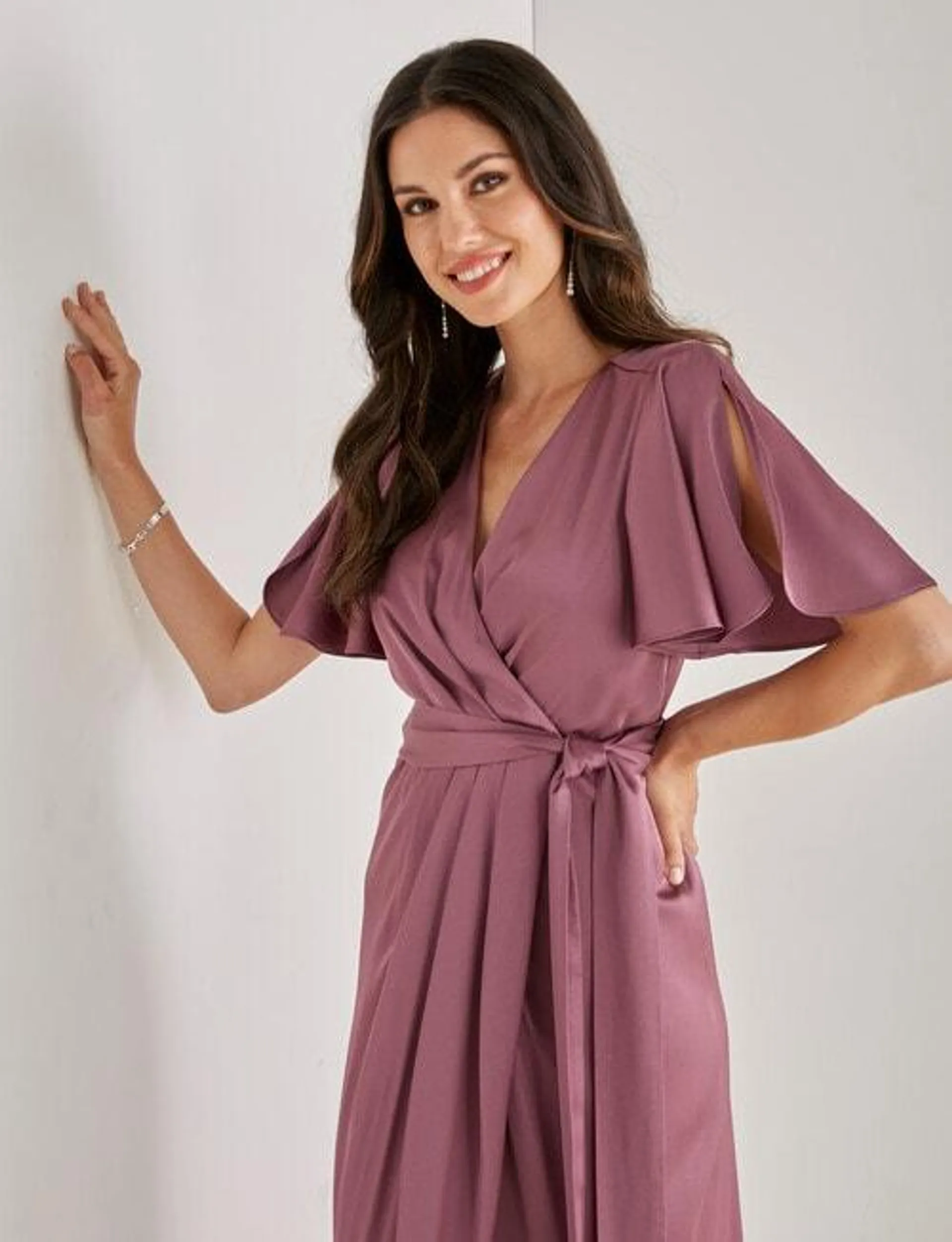 Harlow Short Sleeve Midi Mock Wrap Dress, Mauve