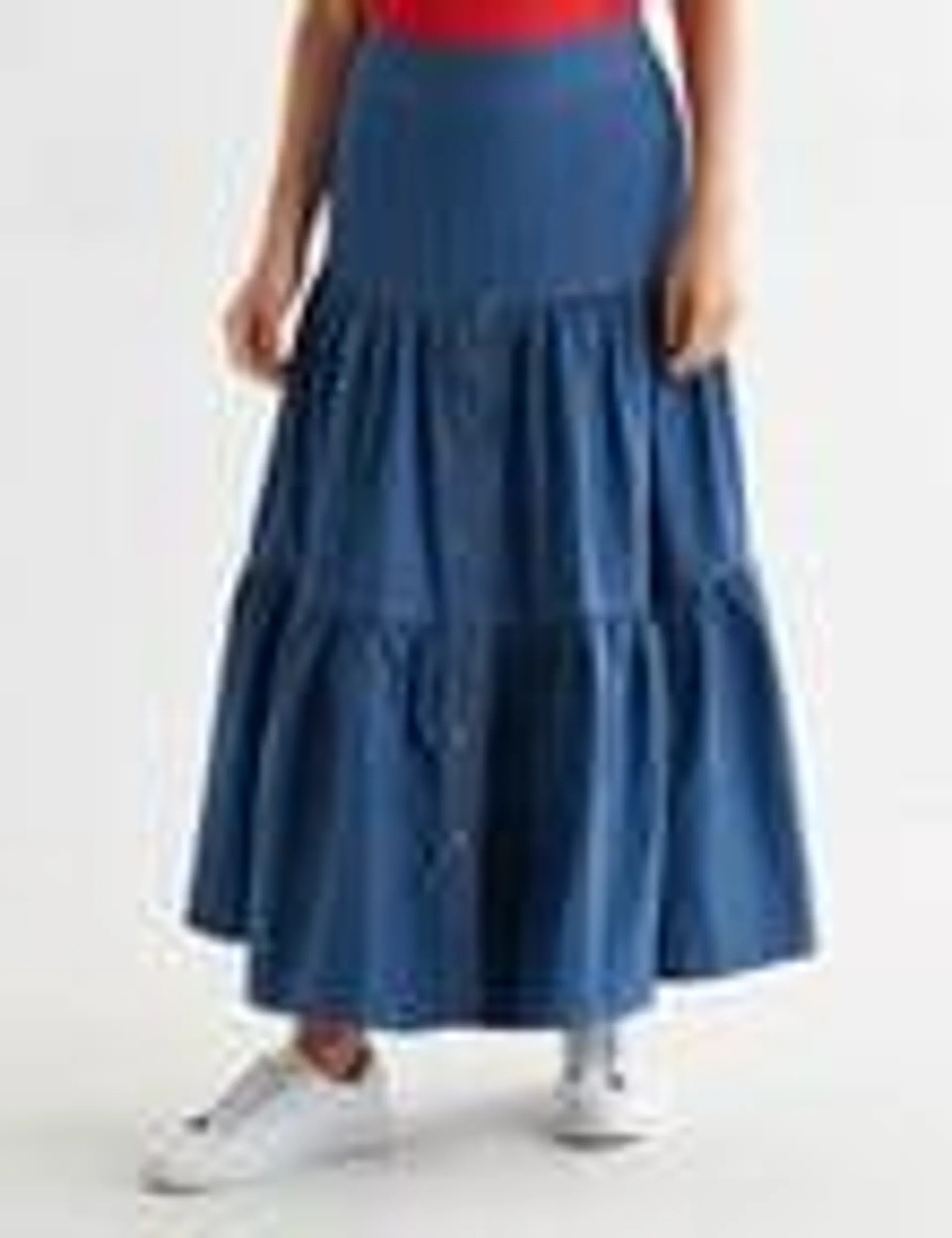 Whistle Button Through Denim Tiered Skirt, Indigo