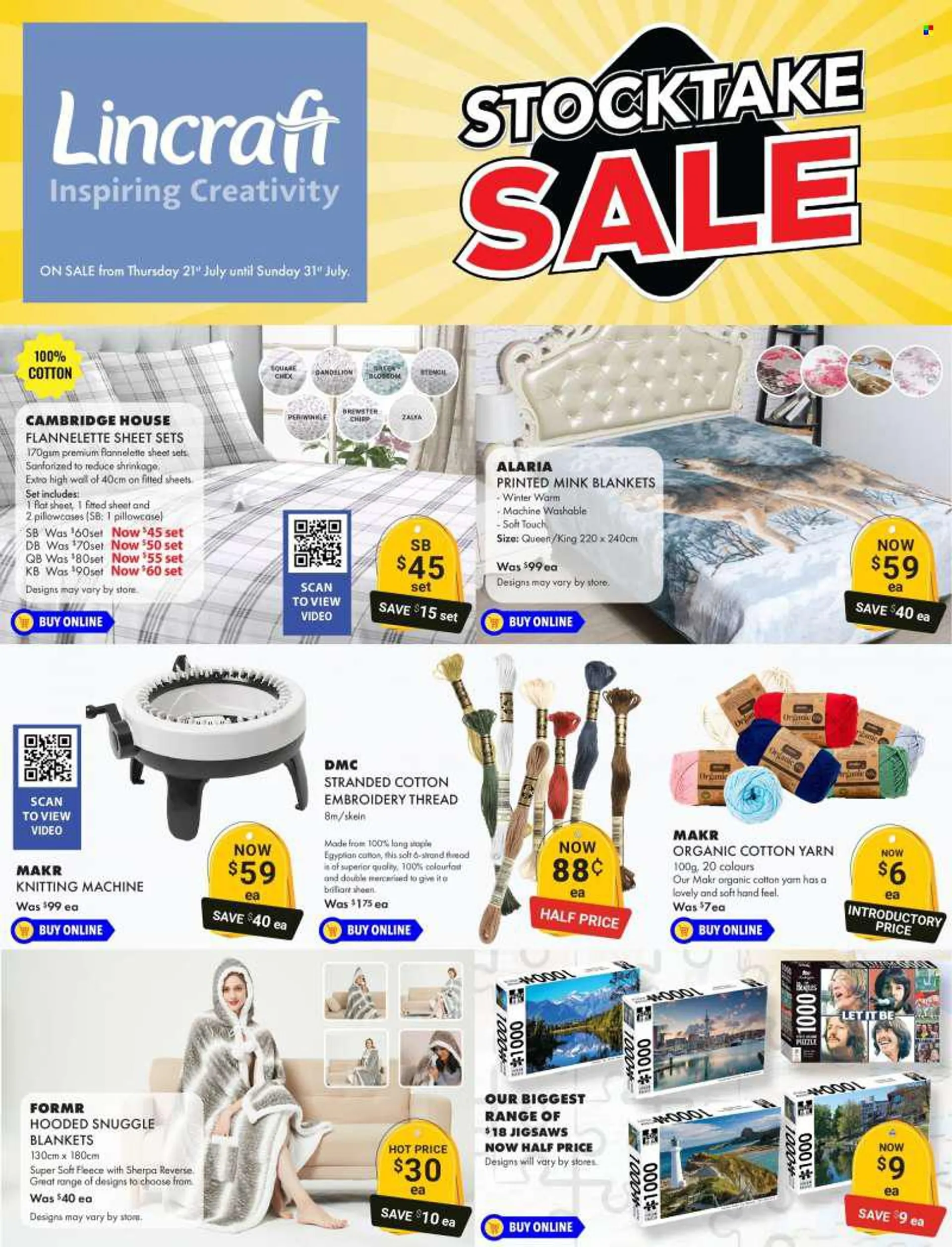 Lincraft mailer - 21.07.2022 - 31.07.2022 - Sales products - knitting wool, blanket, pillowcases, flannelette sheets. Page 1.