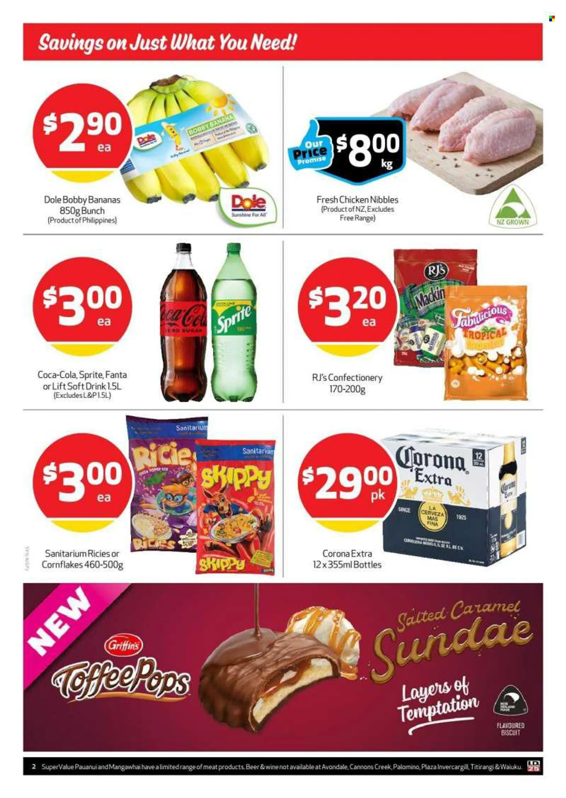 SuperValue mailer - 15.08.2022 - 21.08.2022 - Sales products - Dole, bananas, Sunshine, toffee, biscuit, Griffins, corn flakes, rice, Coca-Cola, Sprite, Fanta, soft drink, L&amp;P, wine, beer, Corona. Page 2.