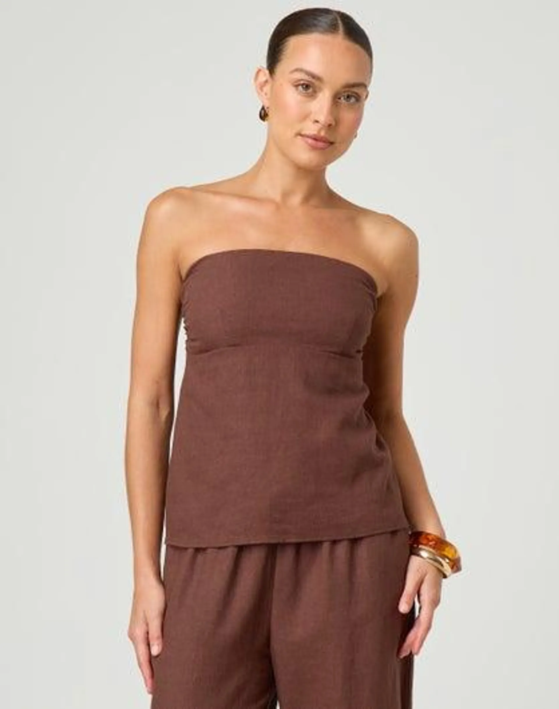 Linen Blend Strapless Tie Back Top