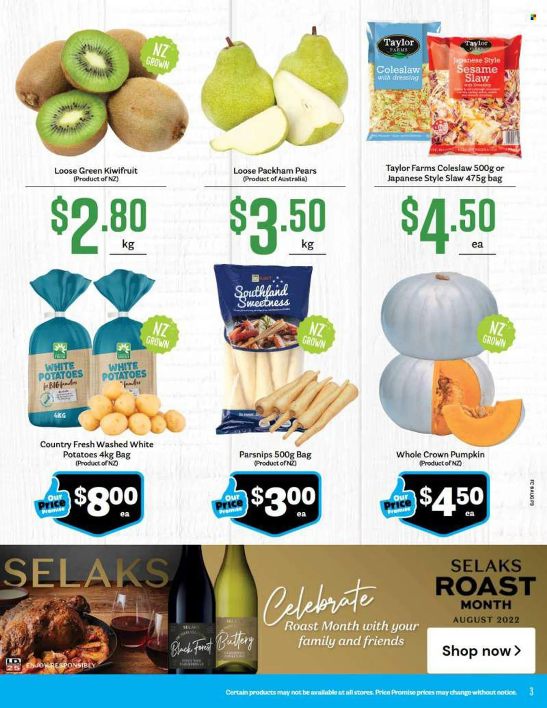 Fresh Choice mailer - 08.08.2022 - 14.08.2022 - Sales products - pumpkin, parsnips, onion, kiwi, pears, coleslaw, sesame dressing, red wine, white wine, Chardonnay, wine, Pinot Noir. Page 3.