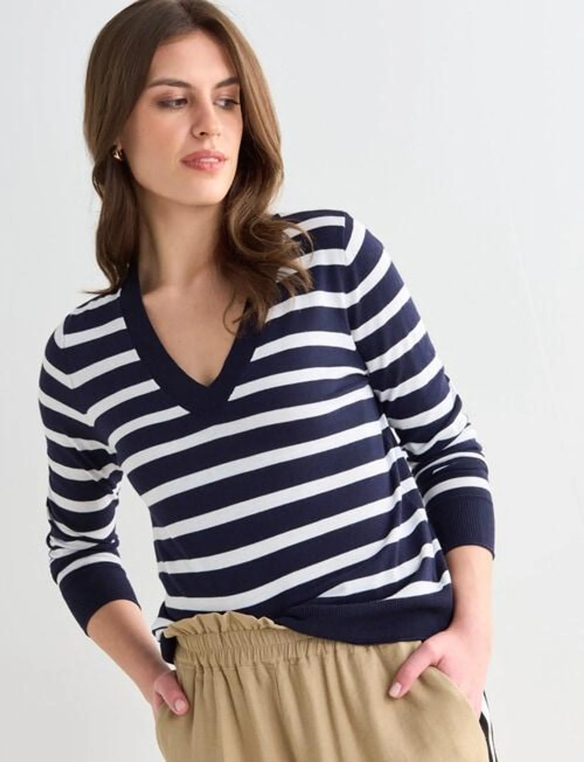 Whistle Lightweight Stripe V-Neck Jumper, Midnight & Ivory