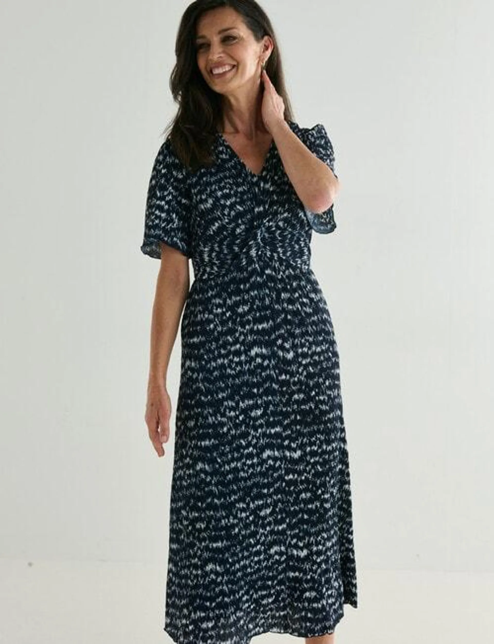 Ella J Knot Front Dress, Navy & White