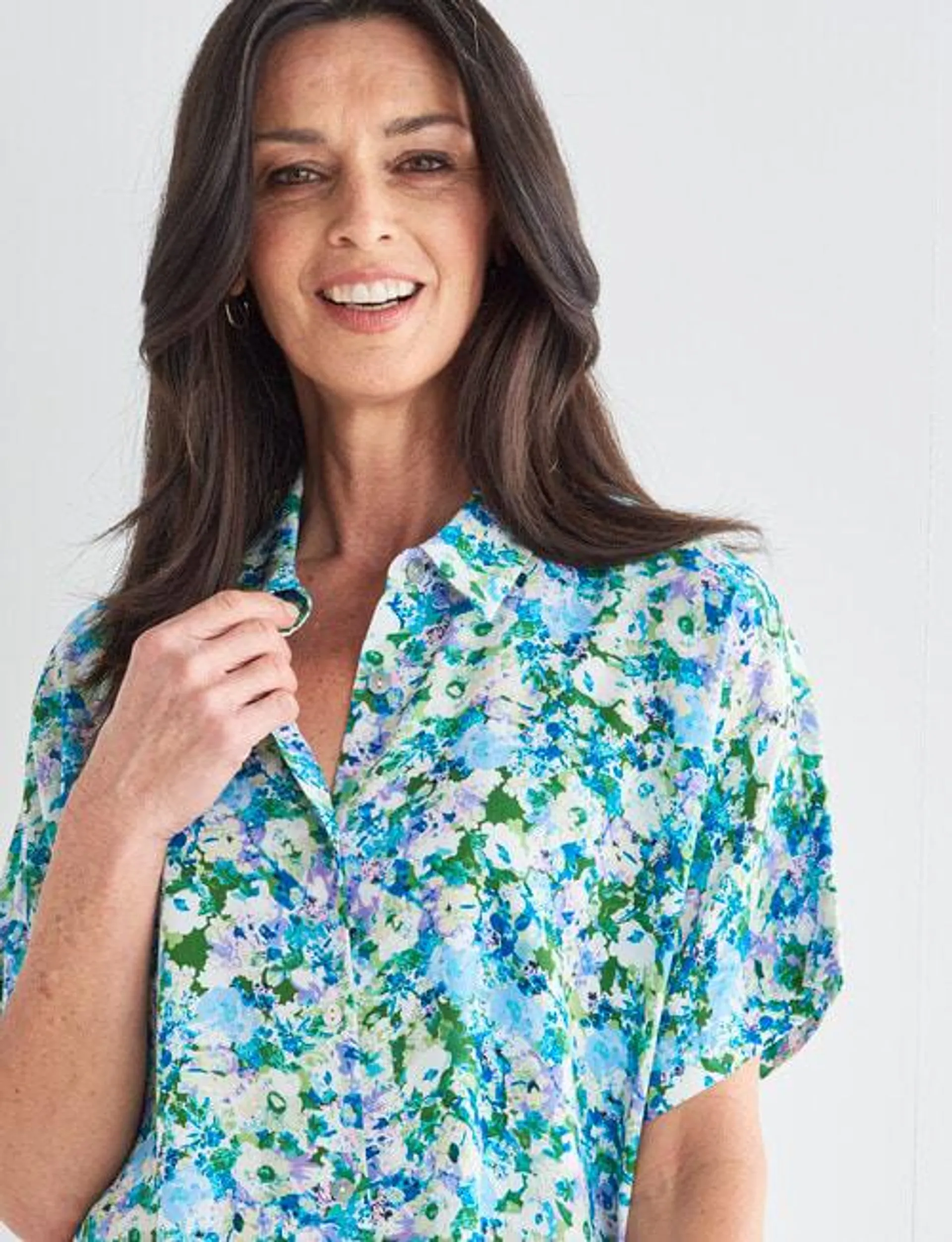 Ella J Floral Short Sleeve Shirt, Turquoise