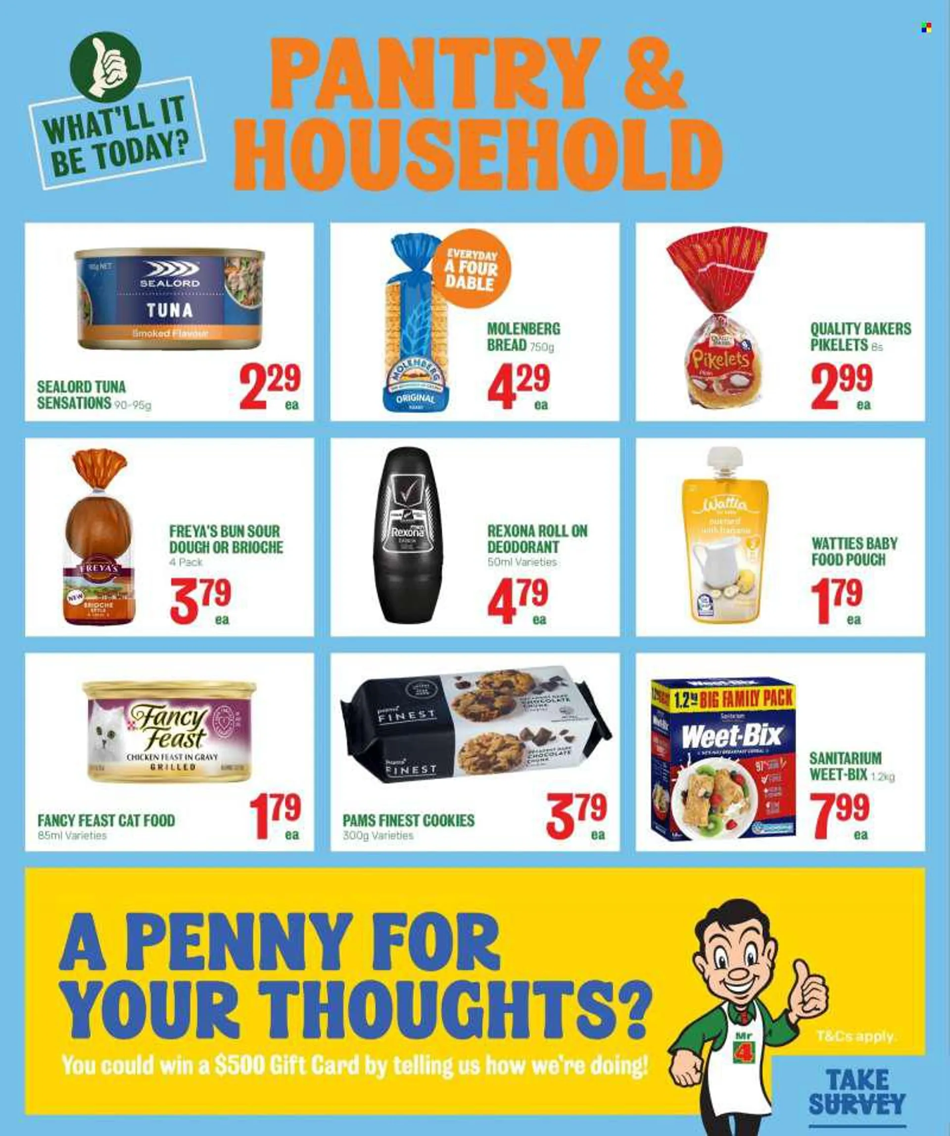 Four Square mailer - 08.08.2022 - 21.08.2022 - Sales products - bread, buns, brioche, Sealord, custard, cookies, chocolate, cereal bar, dark chocolate, sugar, sealord tuna, cereals, Weet-Bix, baby food pouch, anti-perspirant, Rexona, roll-on, deodorant, a