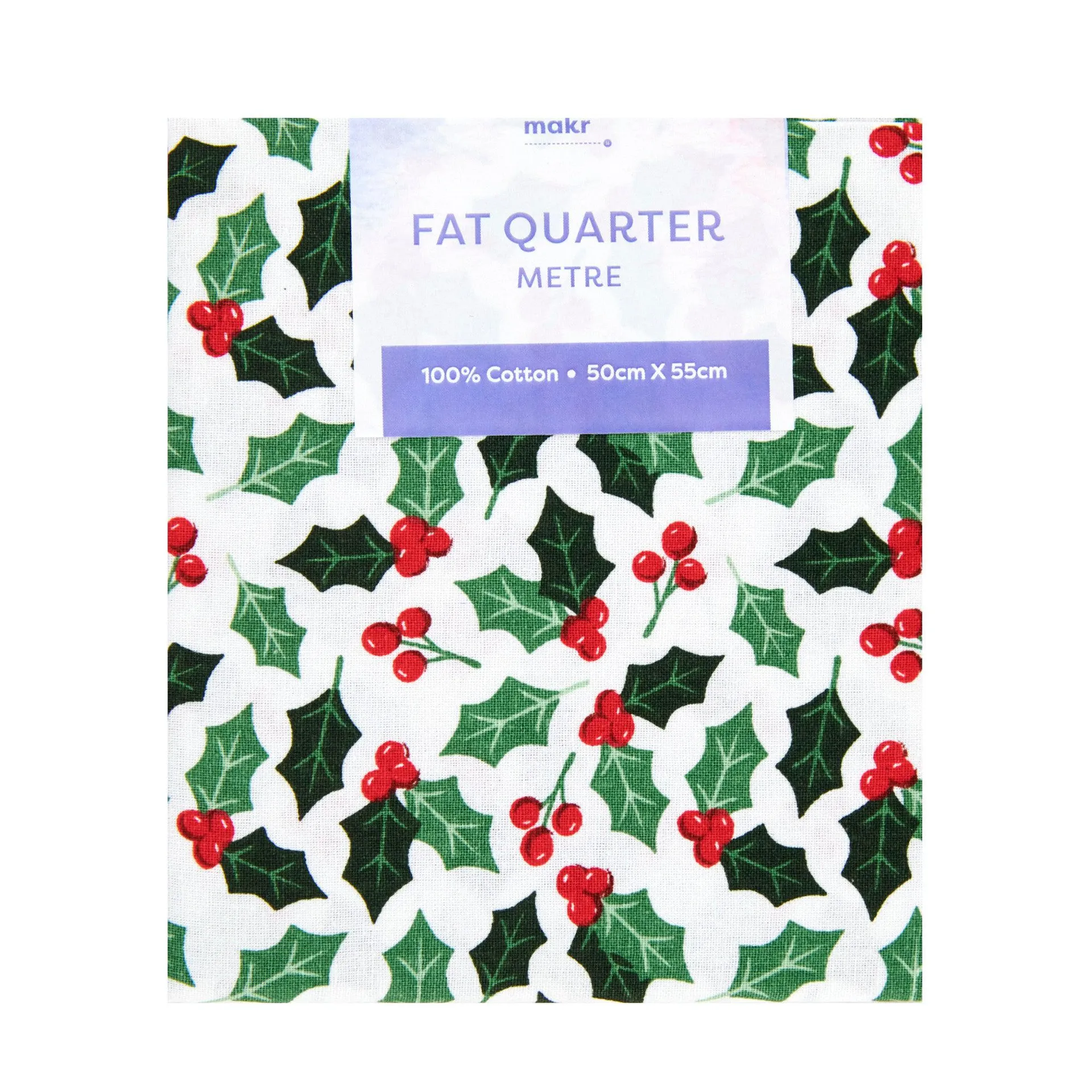 Christmas Print Cotton Fat Quarters, Holly- 50cmx55cm