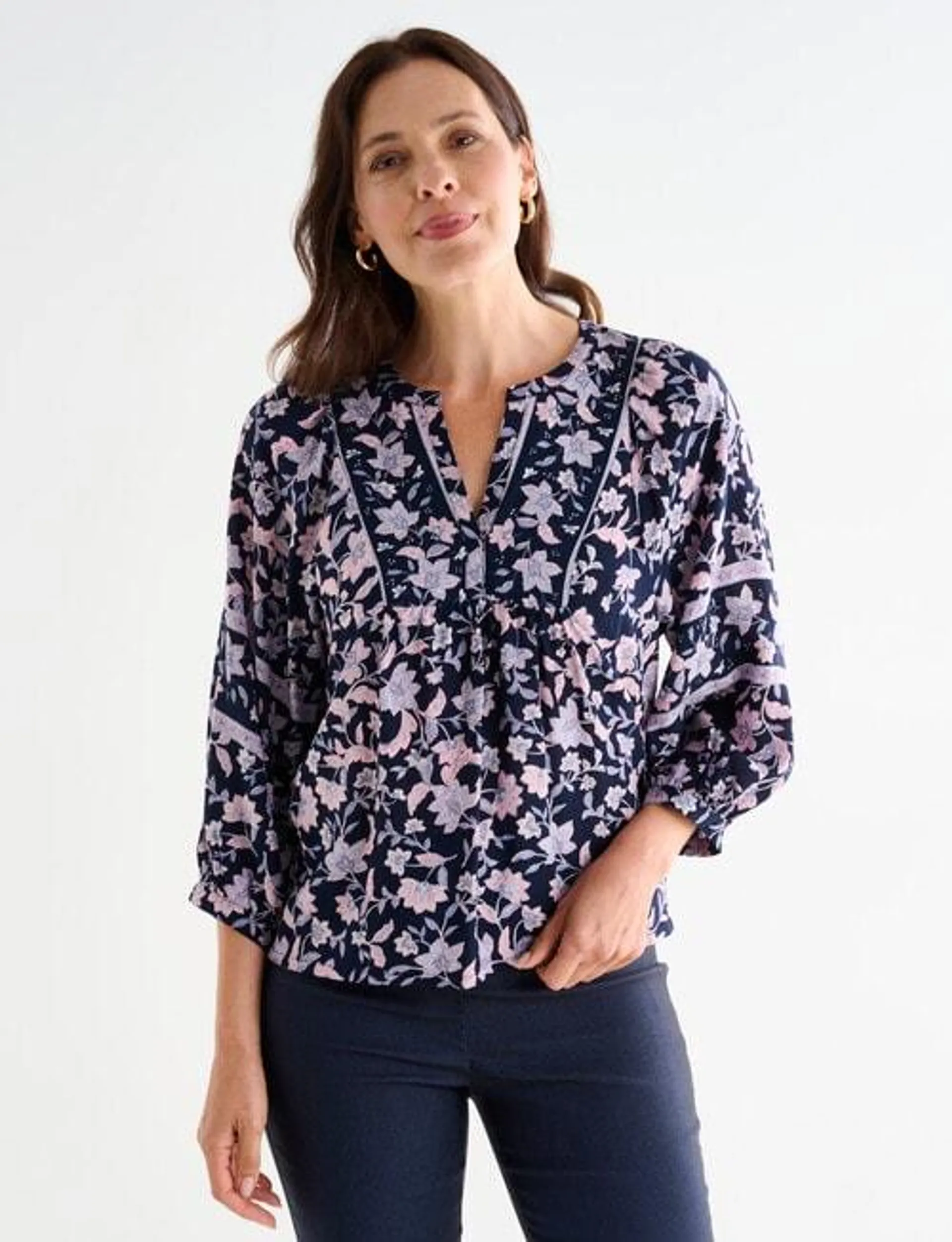 Ella J Border Trim Top, Navy Print