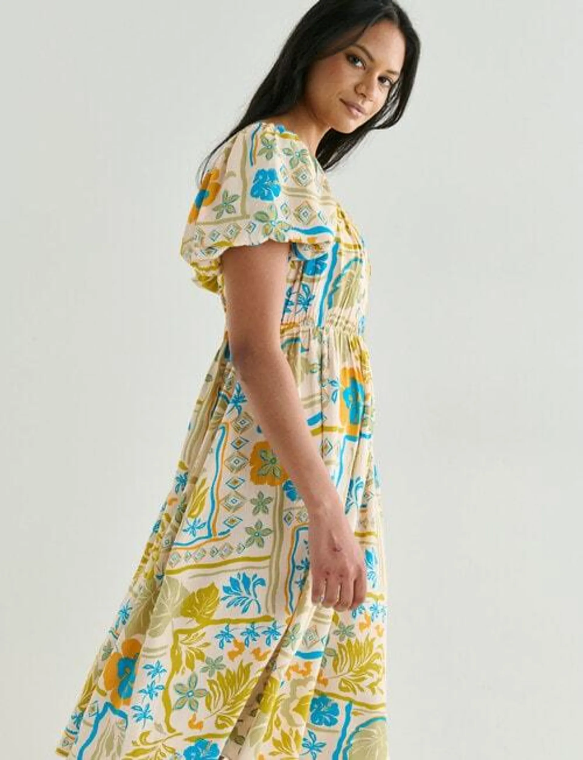 Zest Hibiscus Print Puff Sleeve Smock Dress, Blue