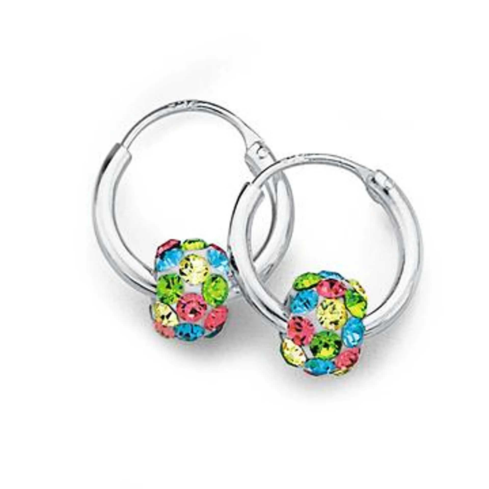 Sterling Silver Hoop With Mutli Colour Crystal Ball Earrings 12mm