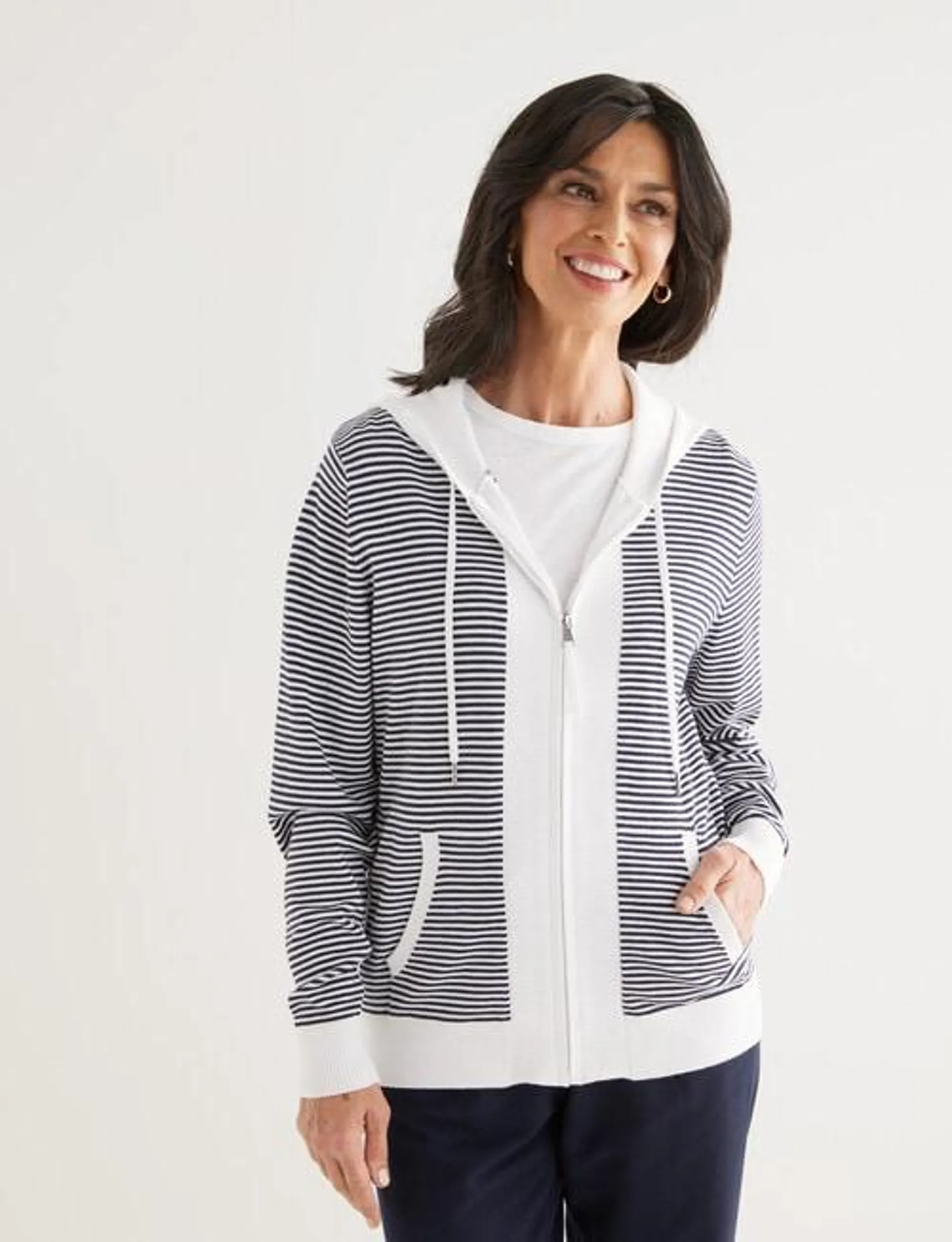 Ella J Stripe Zip Hoodie Cardigan, Navy & White