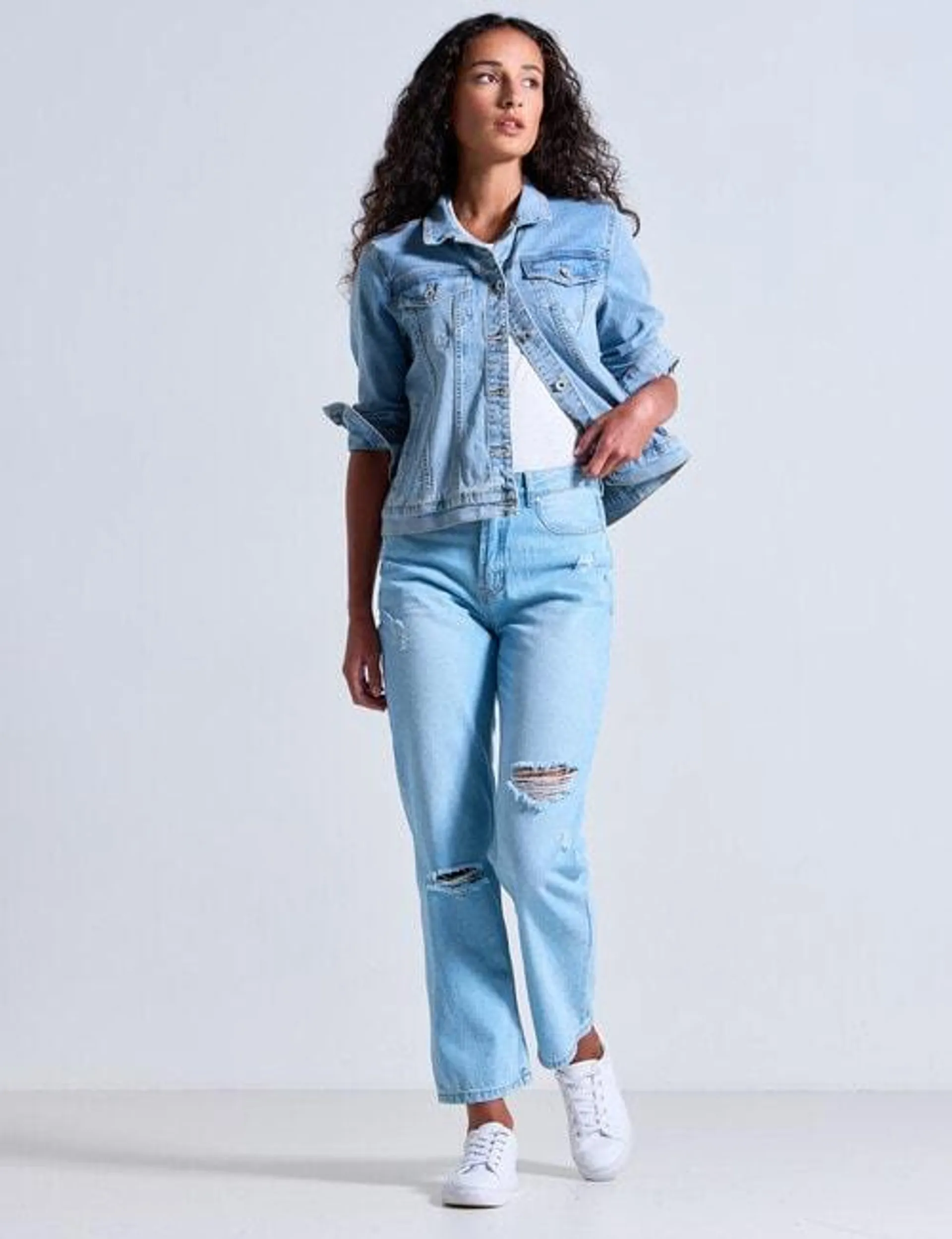 Denim Republic Rigid Straight Leg Jean with Rips, Light Stonewash